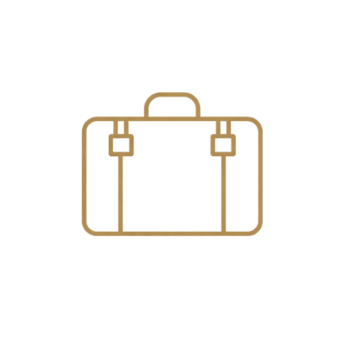 A stylized illustration of a briefcase with a gray body, red and blue accents, and a gold outline.