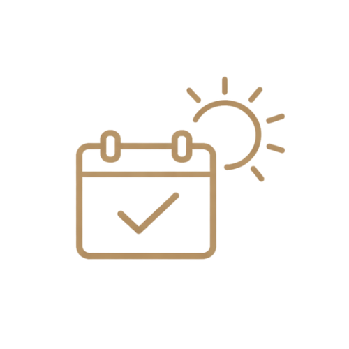 Outline of a calendar with a checkmark and a sun, representing daytime respite care.