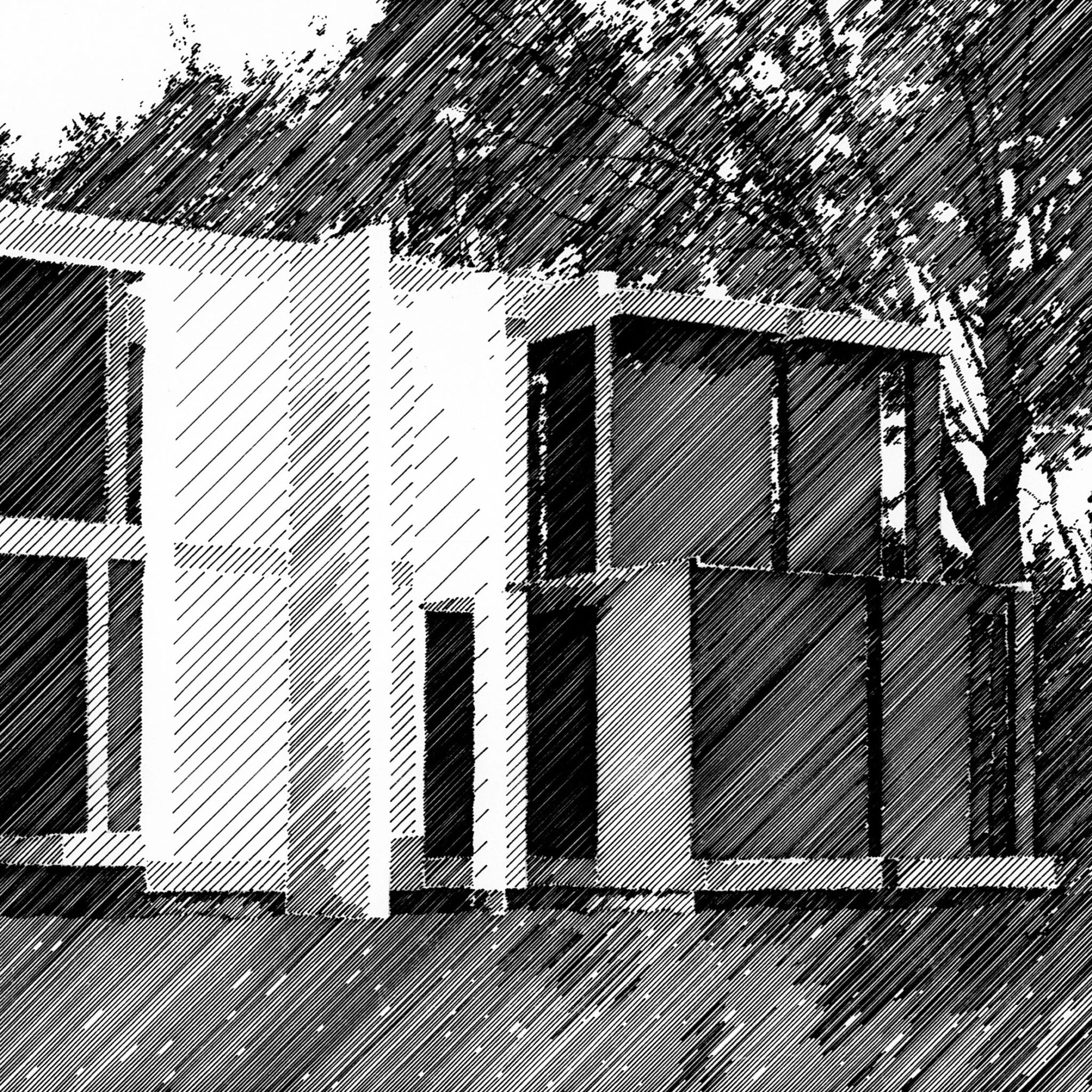 Moderne Gebäude mit großen Fenstern aus Glas und hellem Außenmaterial, umgeben von Bäumen im Freien.