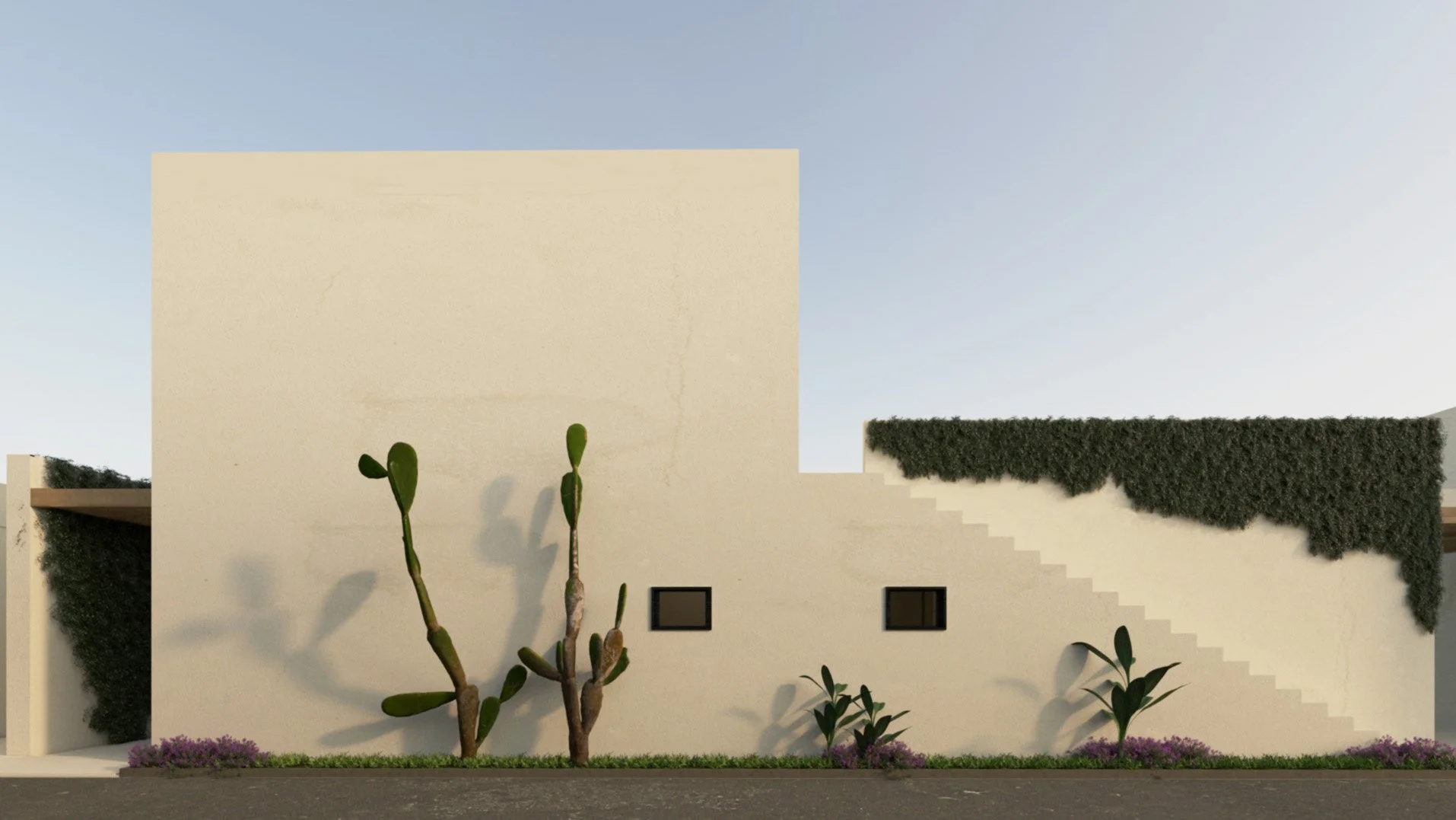Modern minimalist white building with small windows, cactus plants, bushes, and a landscaped front yard under a light blue sky.