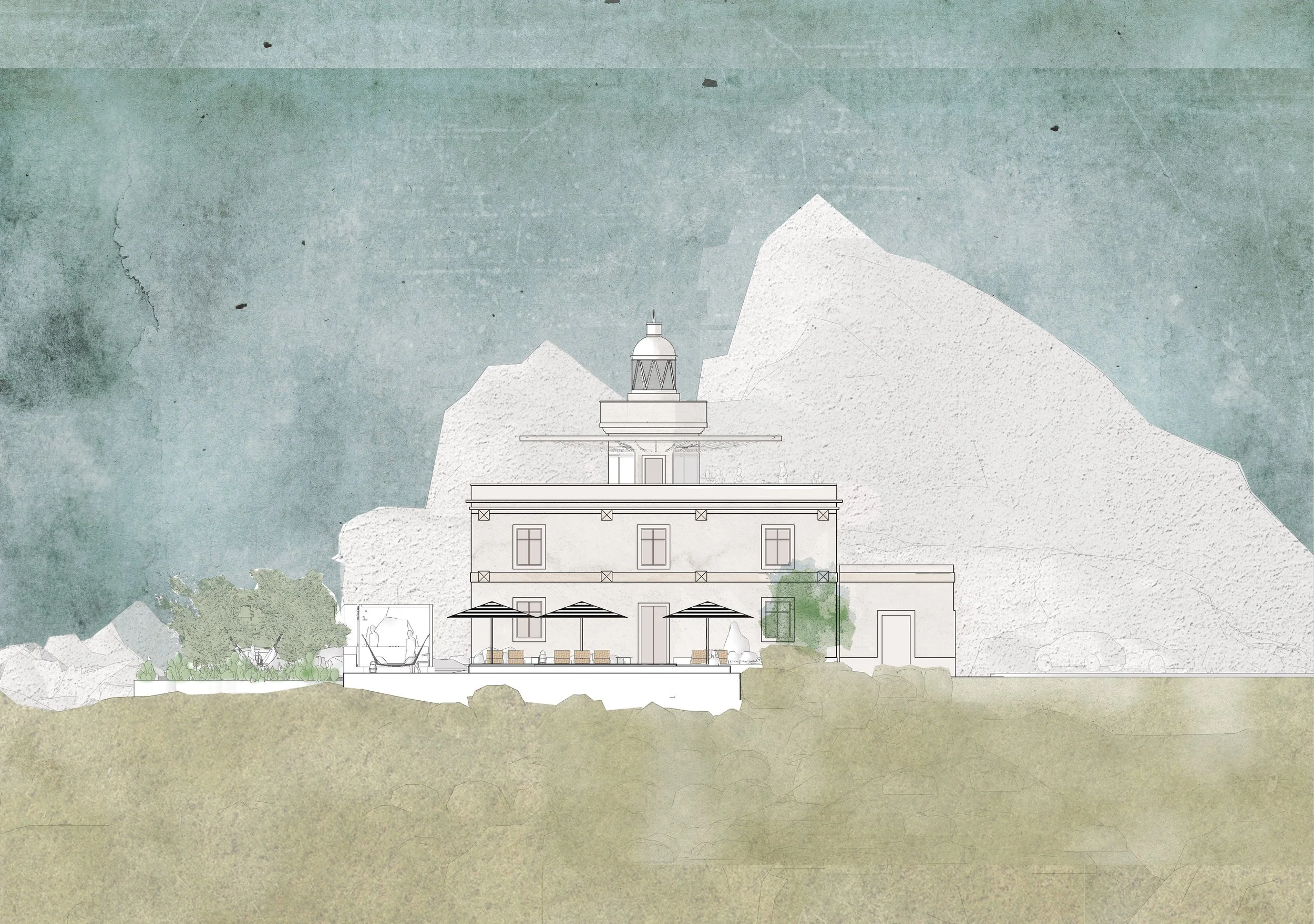 A digital illustration of a building with a lighthouse on top, set against a mountain background with textured sky and ground.