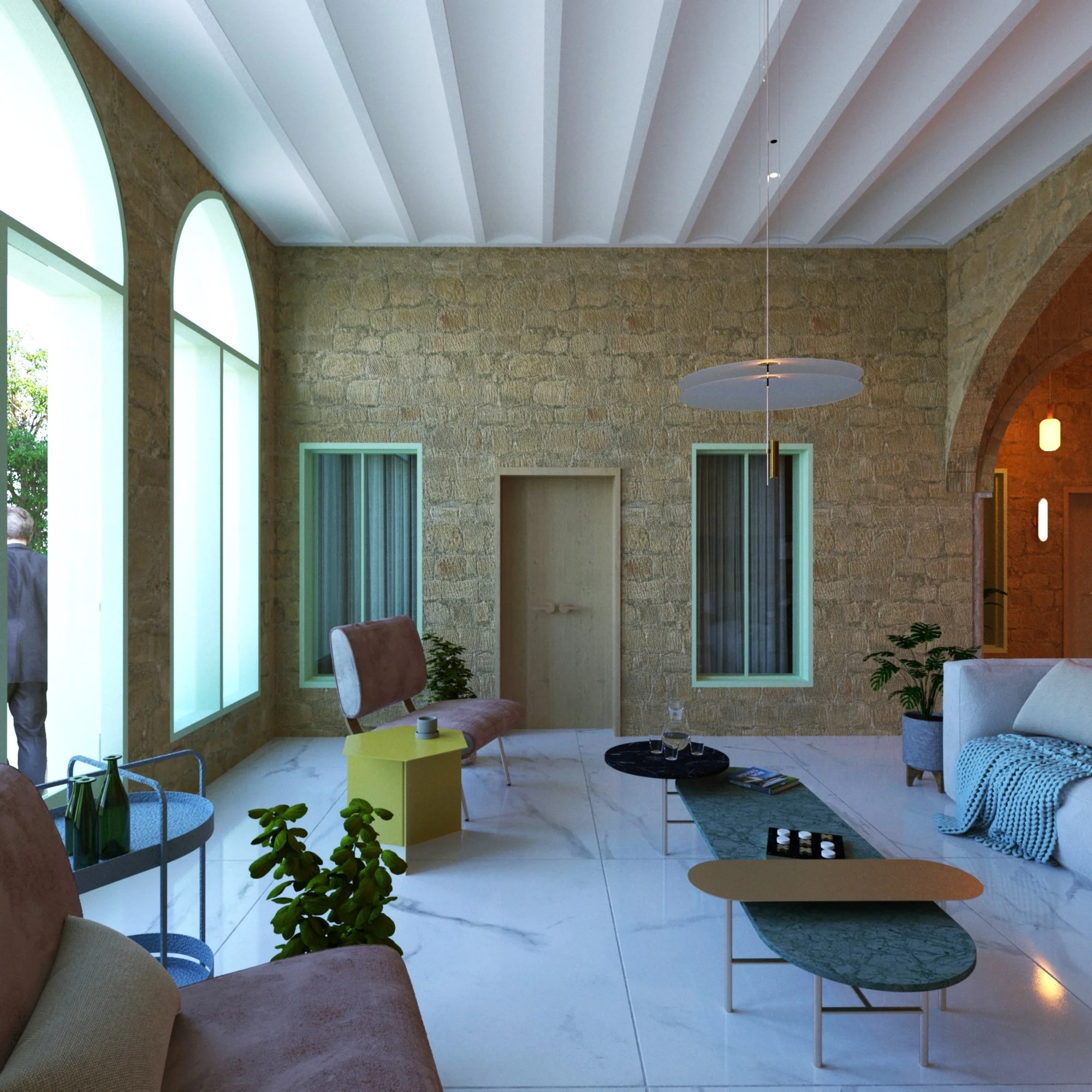 Interior of a modern living room with large arched windows, stone walls, minimalist furniture, potted plants, and pendant lighting.