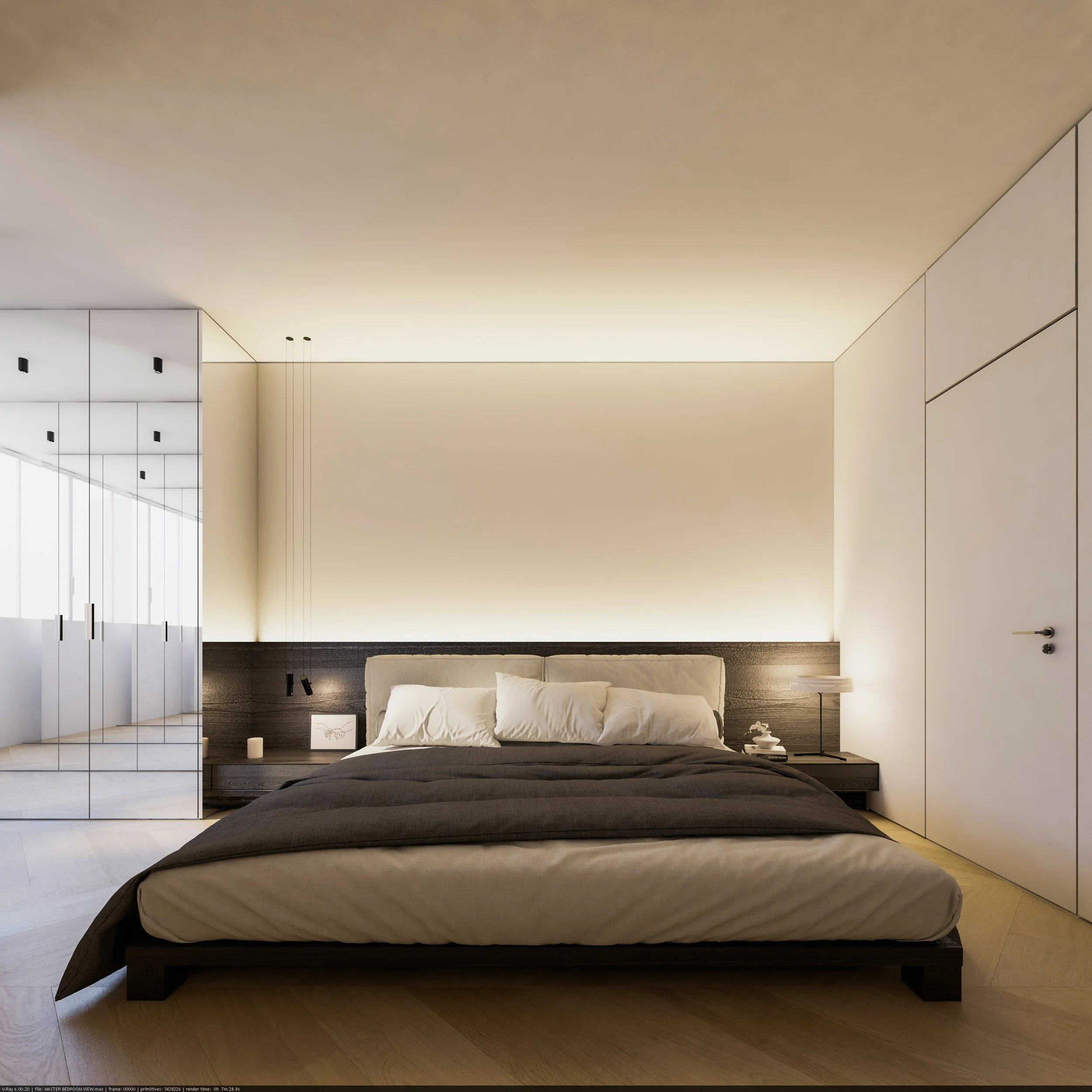 Minimalist bedroom with a low bed, white pillows, dark bed cover, black bedside table, modern lamp, and a large mirror closet on the left side.