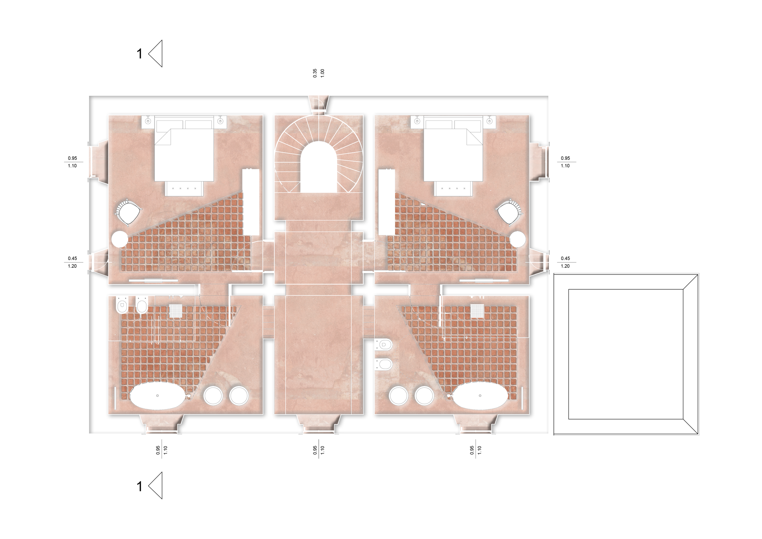 Architectural floor plan of a building with four main rooms, curved staircase, bathrooms, and a square outdoor area.