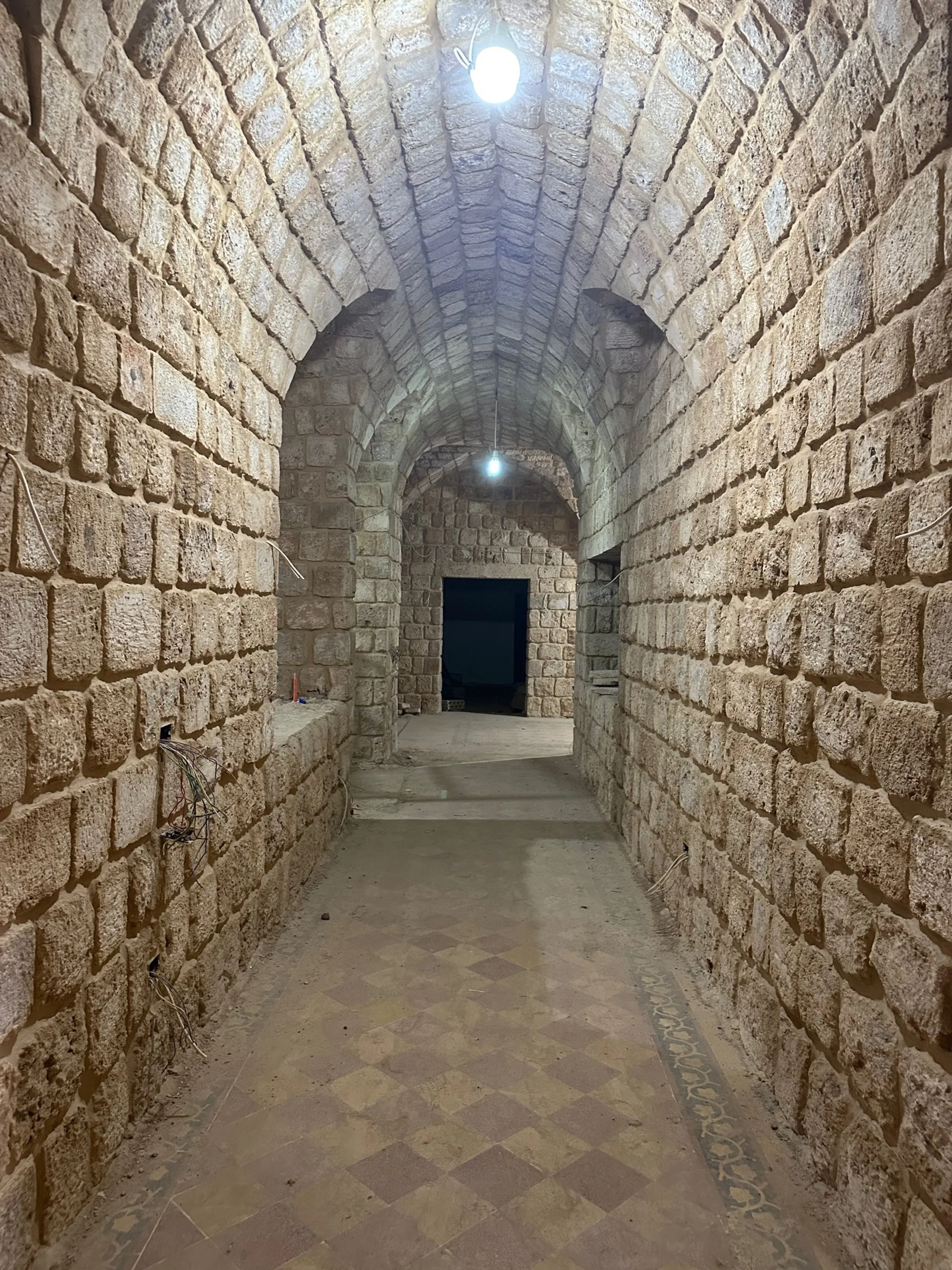 A stone hallway with arched ceiling, unfinished wiring on the walls, and a partial decorative floor pattern, leading to a doorway into another dark room.