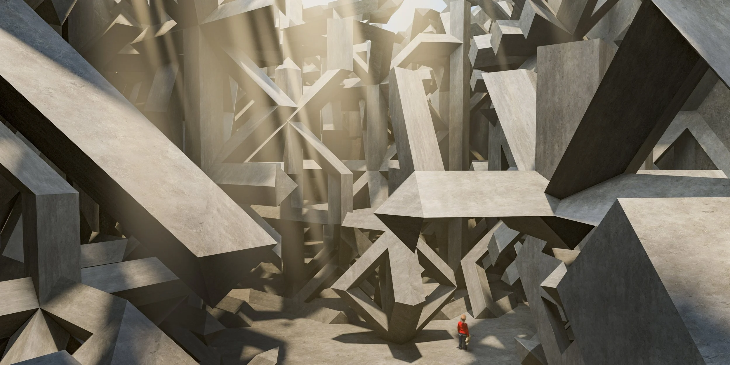 A person in a red jacket and gray pants standing in front of a large, abstract concrete sculpture made of interconnected geometric shapes and sharp angles.