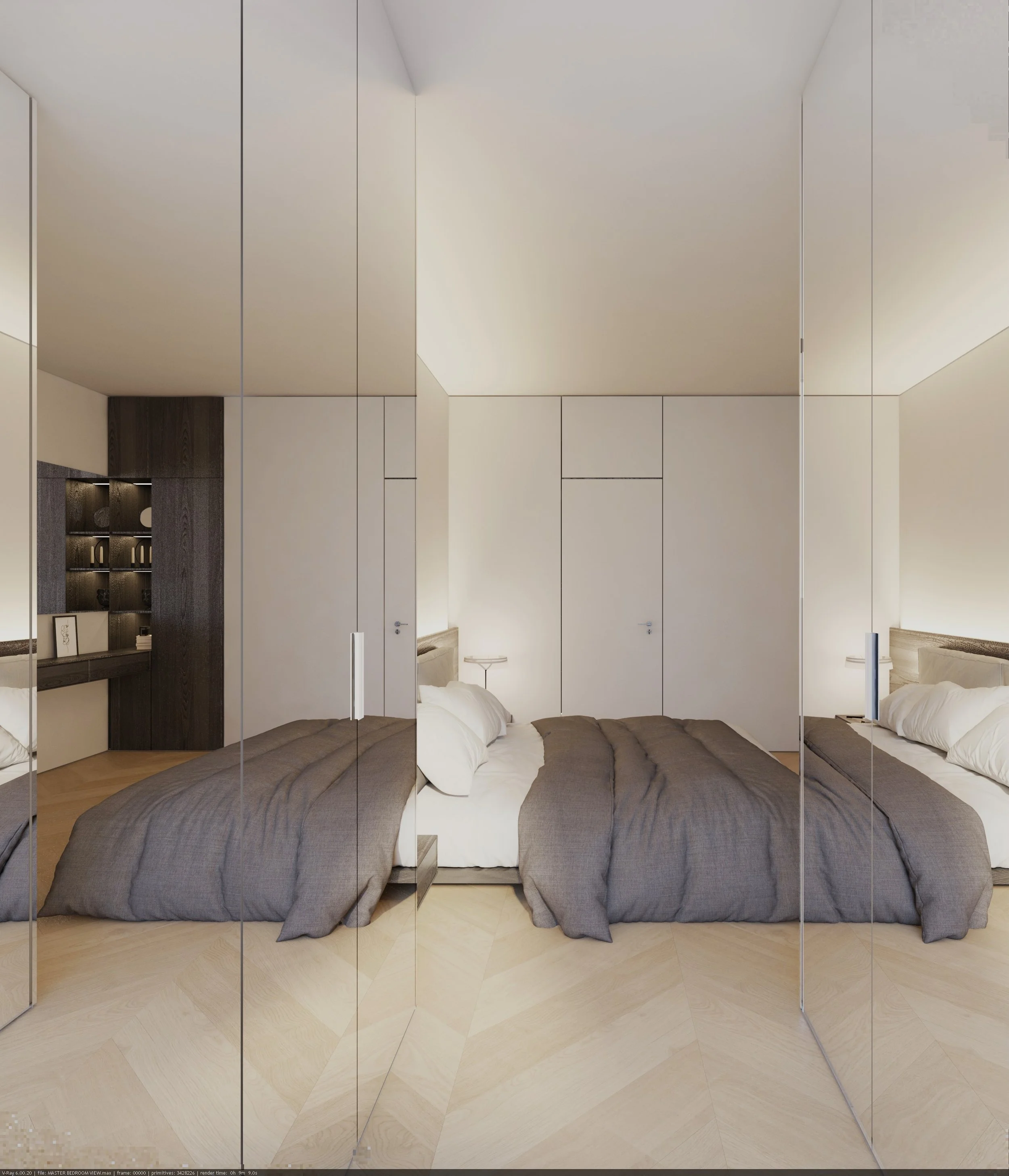 Modern bedroom with mirrored closet doors, a large bed with white pillows, a gray duvet, bedside lamps, and a built-in dark wood shelving unit