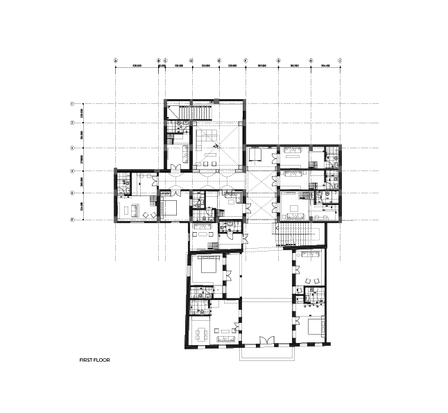 Architectural floor plan of a first floor layout with multiple rooms and corridors.
