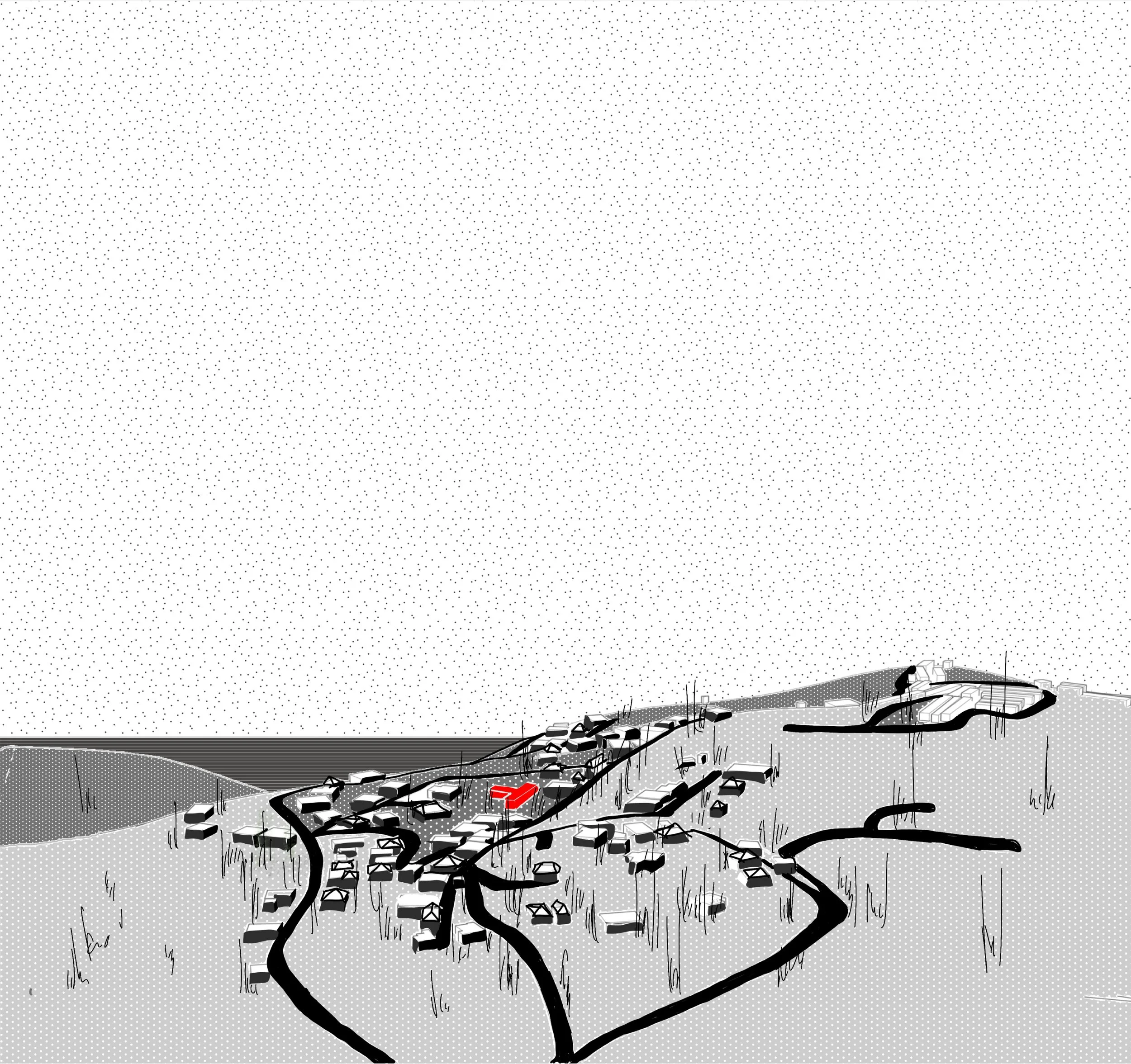 A map of a small hillside town with roads, houses, and a red triangular marker indicating a specific location.