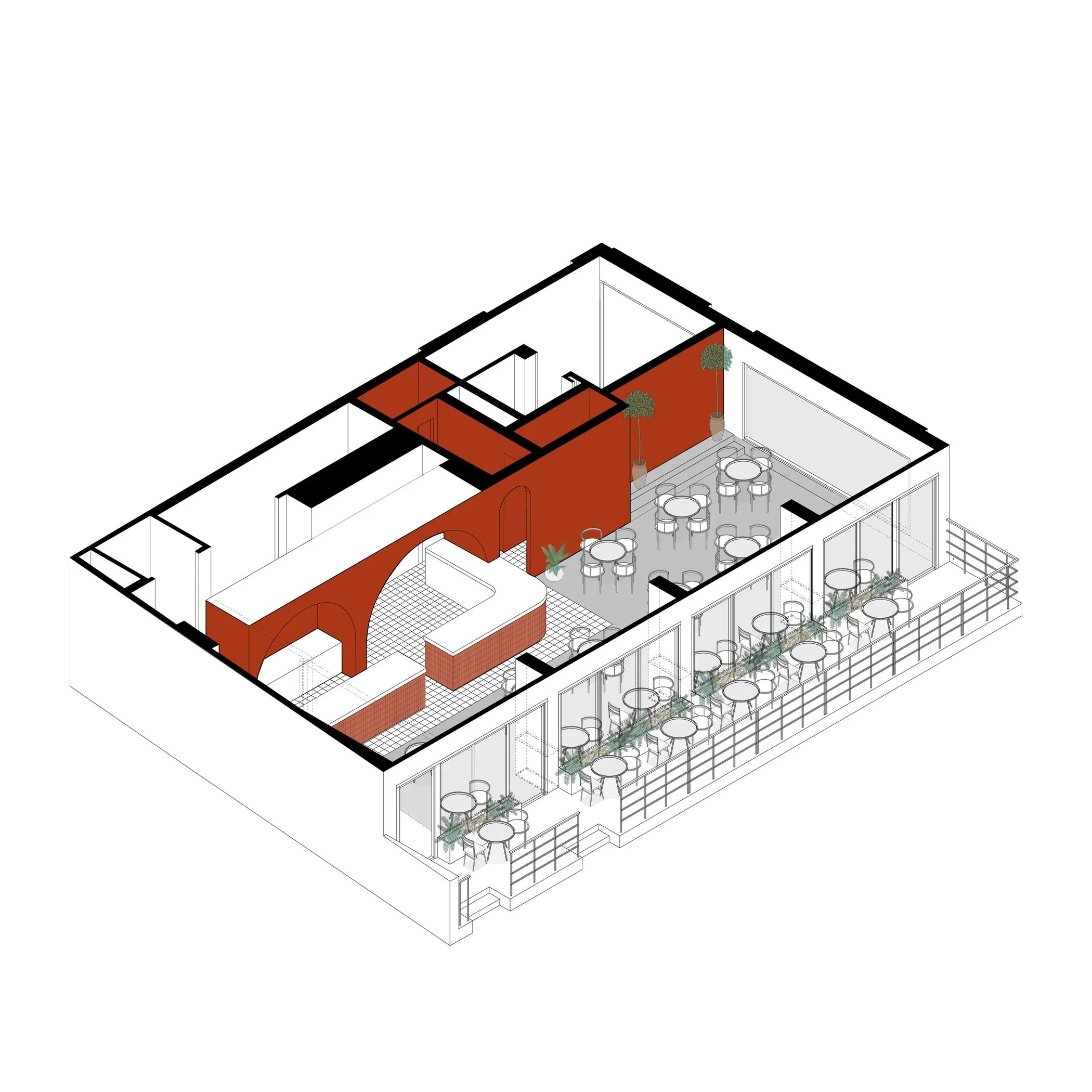 isometric drawing of a modern restaurant with indoor seating and a large outdoor patio with tables and plants.