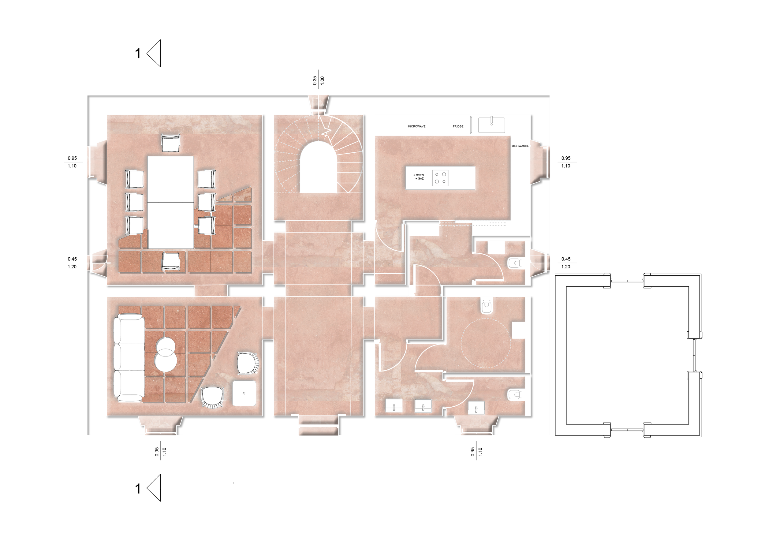 Floor plan of a house with rooms labeled for dining, living, kitchen, and bathrooms, including an upstairs staircase.