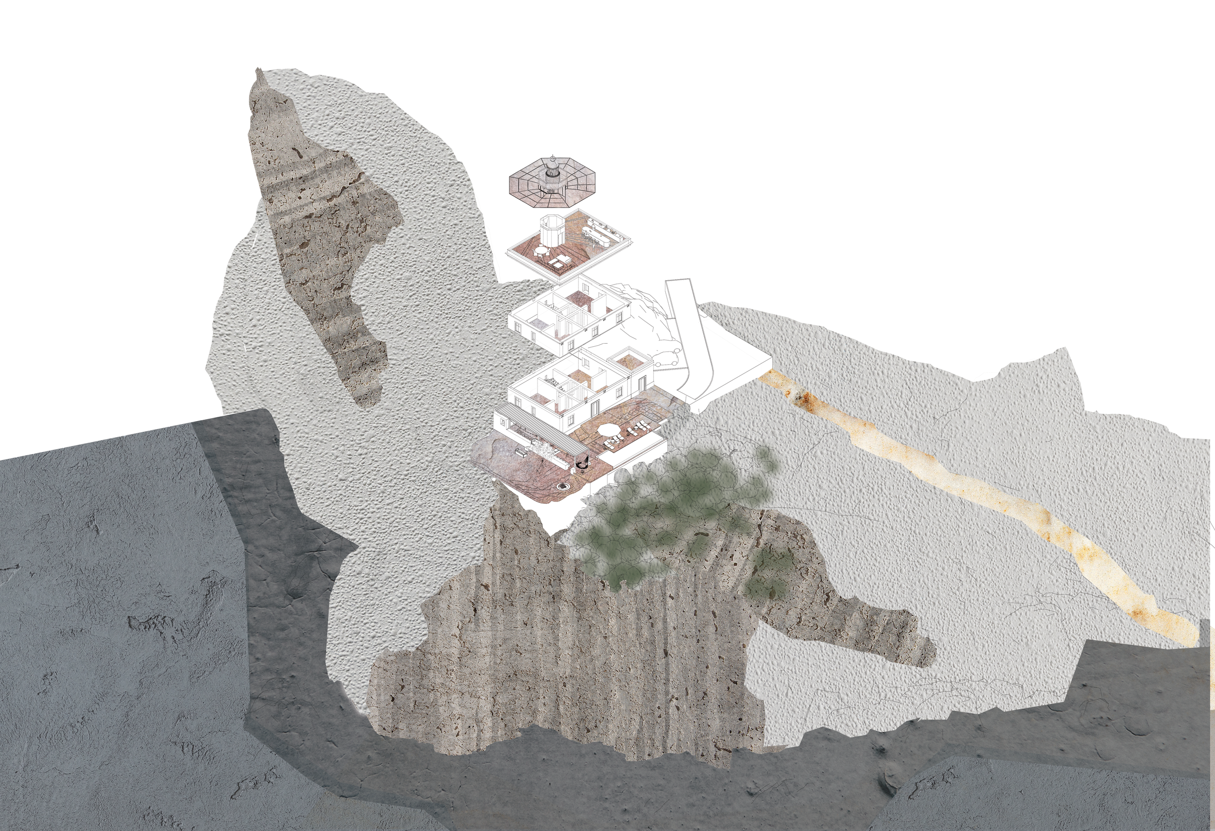 Architectural diagram showing a house and landscape layered over a textured rocky terrain with a tree and a distant trail.