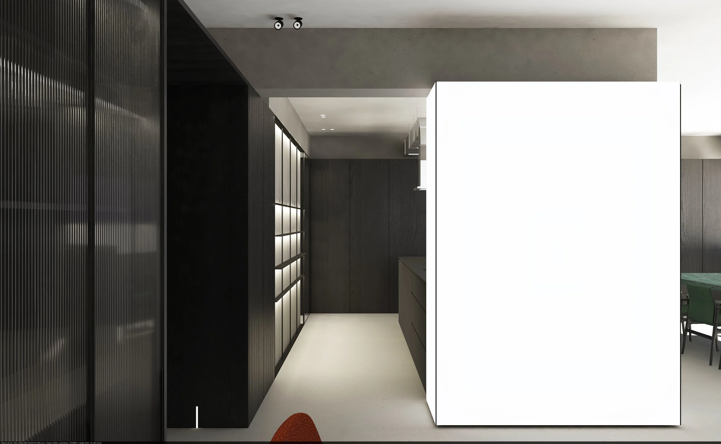 Modern kitchen with black cabinetry, dark wood accents, and a large white panel or refrigerator in the center.