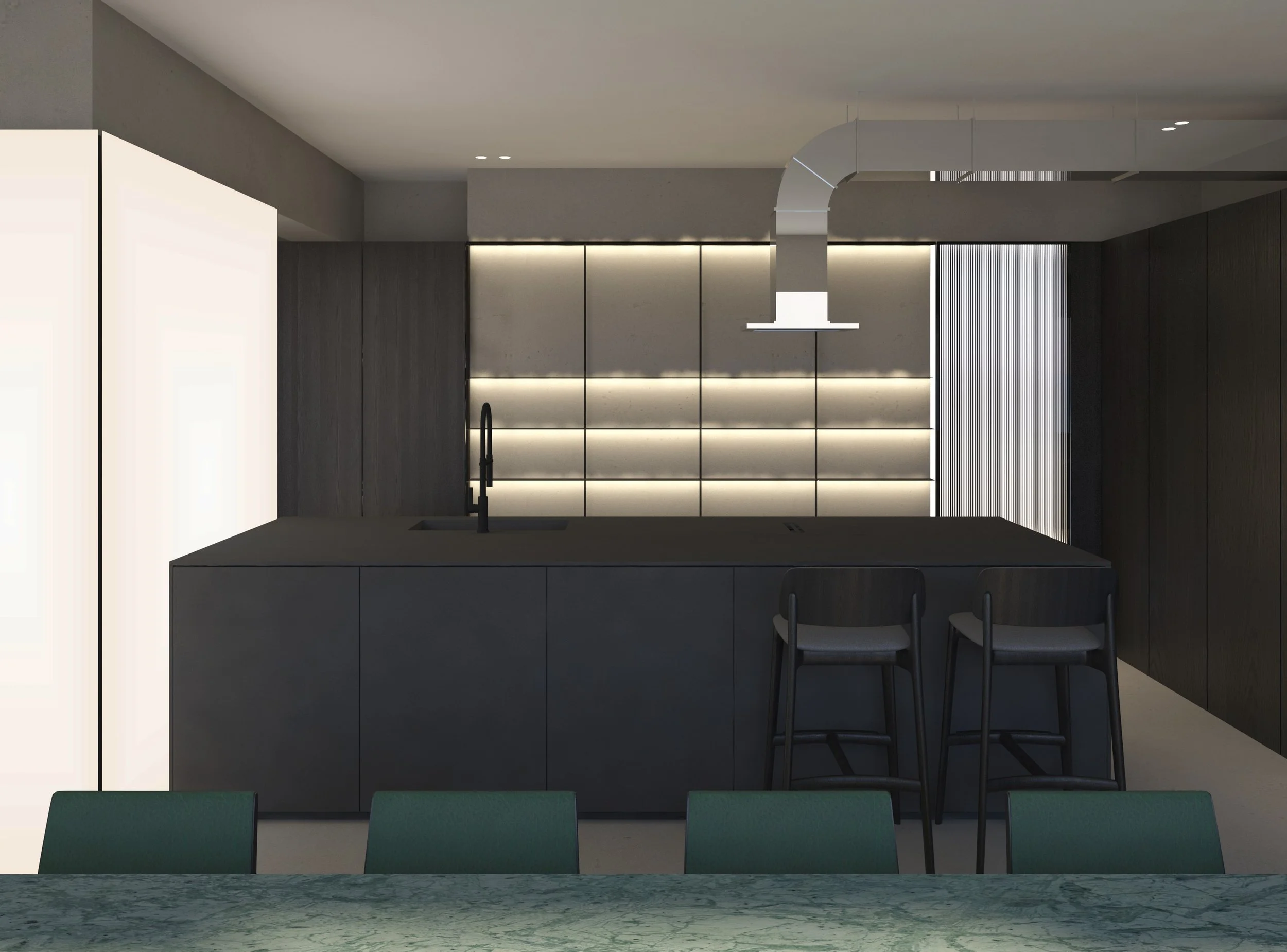 Modern kitchen with black island, gray chairs, dark wall cabinetry, and LED strip lighting.