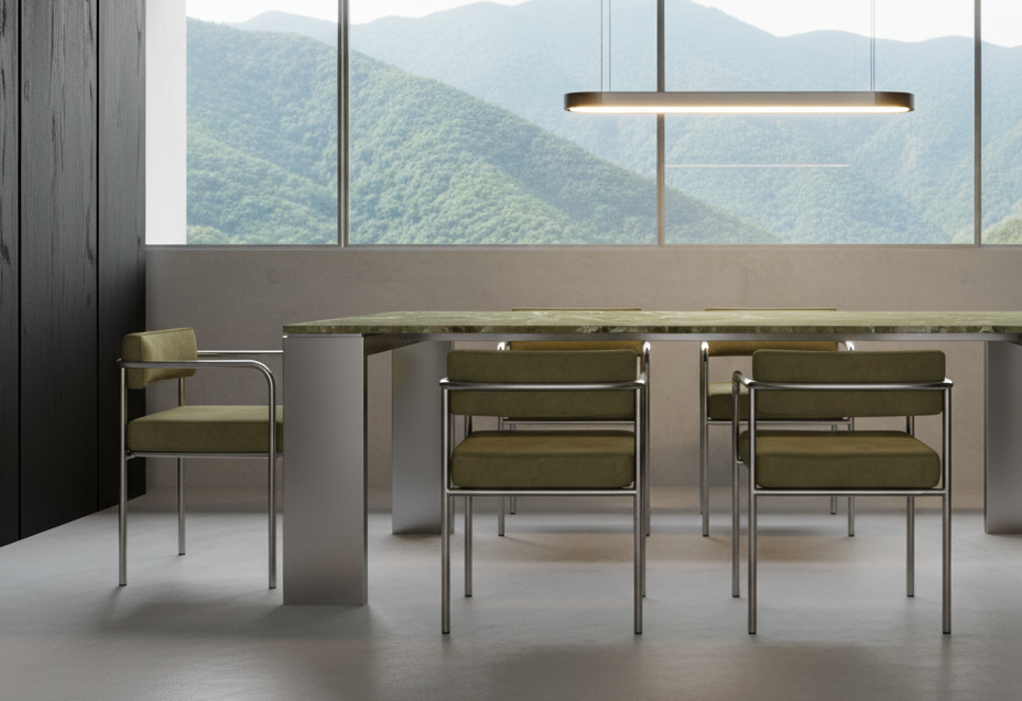 Modern conference room with a long table, six green cushioned chairs with metal frames, large windows showing mountains, and a sleek hanging light fixture.
