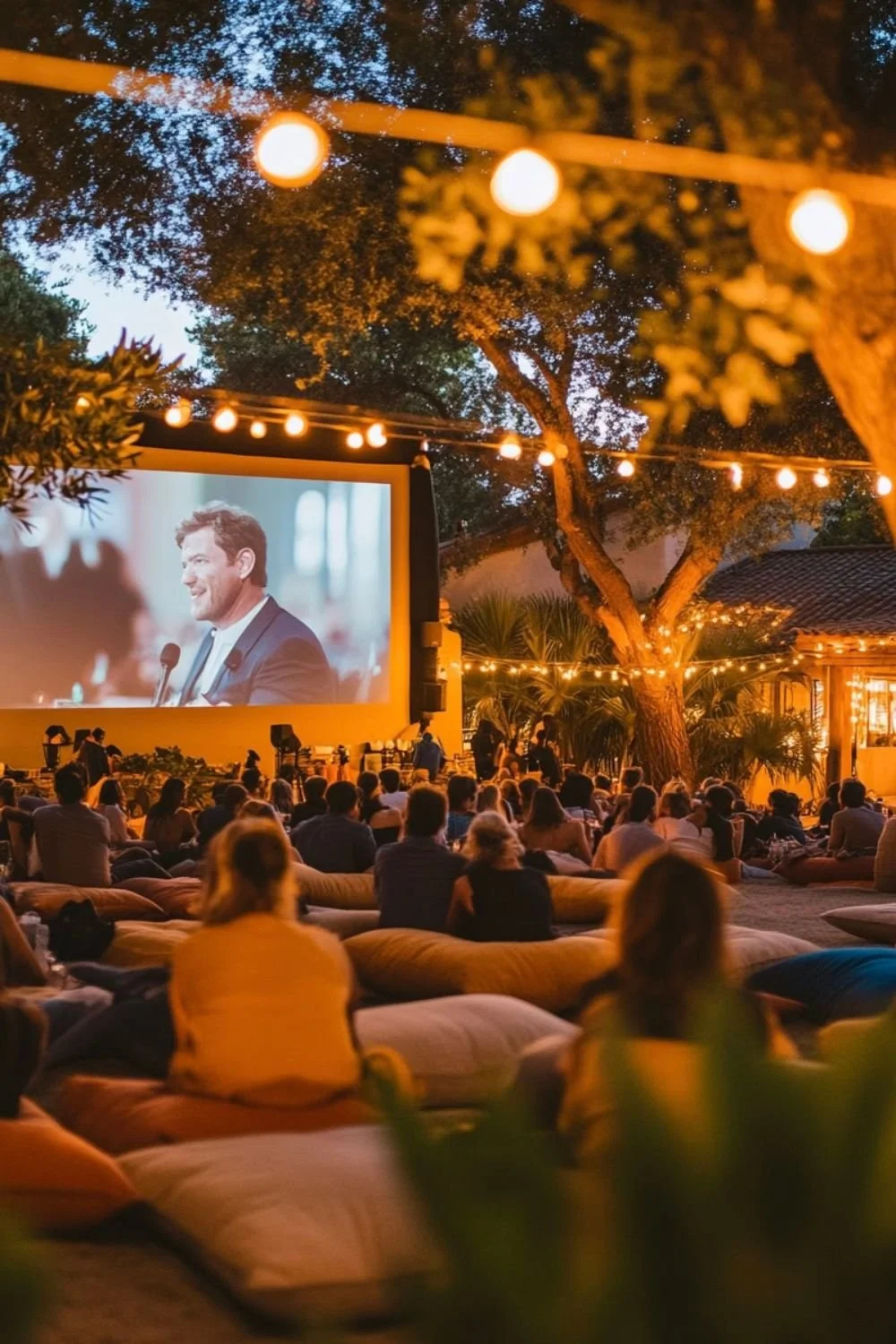 People watching outdoor movie on a large screen during the evening, surrounded by string lights and trees.