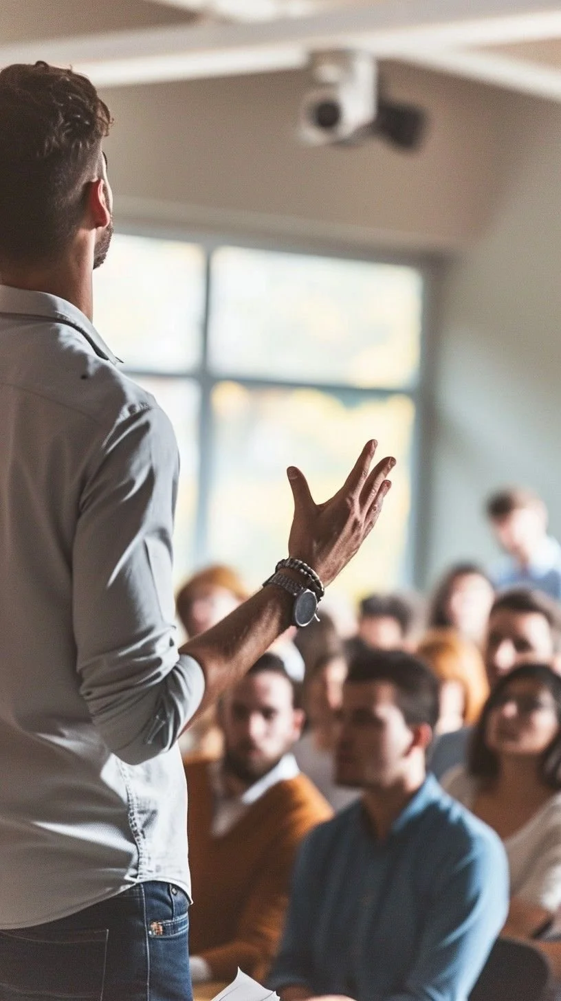 A man giving a presentation to an audience in a room with large windows, gesturing with his right hand while facing away from the camera.