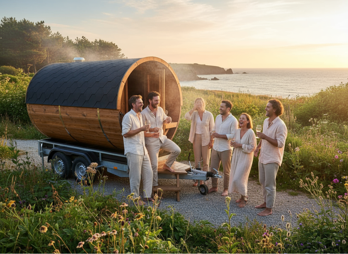 Groupe d'amis se détendant autour d'un sauna mobile au coucher du soleil sur une plage bretonne à Lampaul Plouarzel