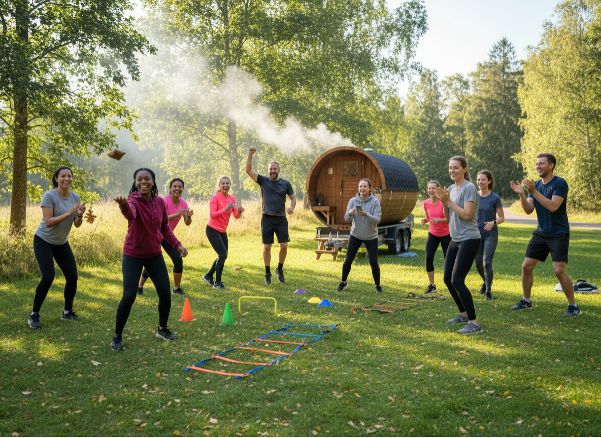 Animation team building avec jeux extérieurs près d'un sauna tonneau, location pour événement d'entreprise