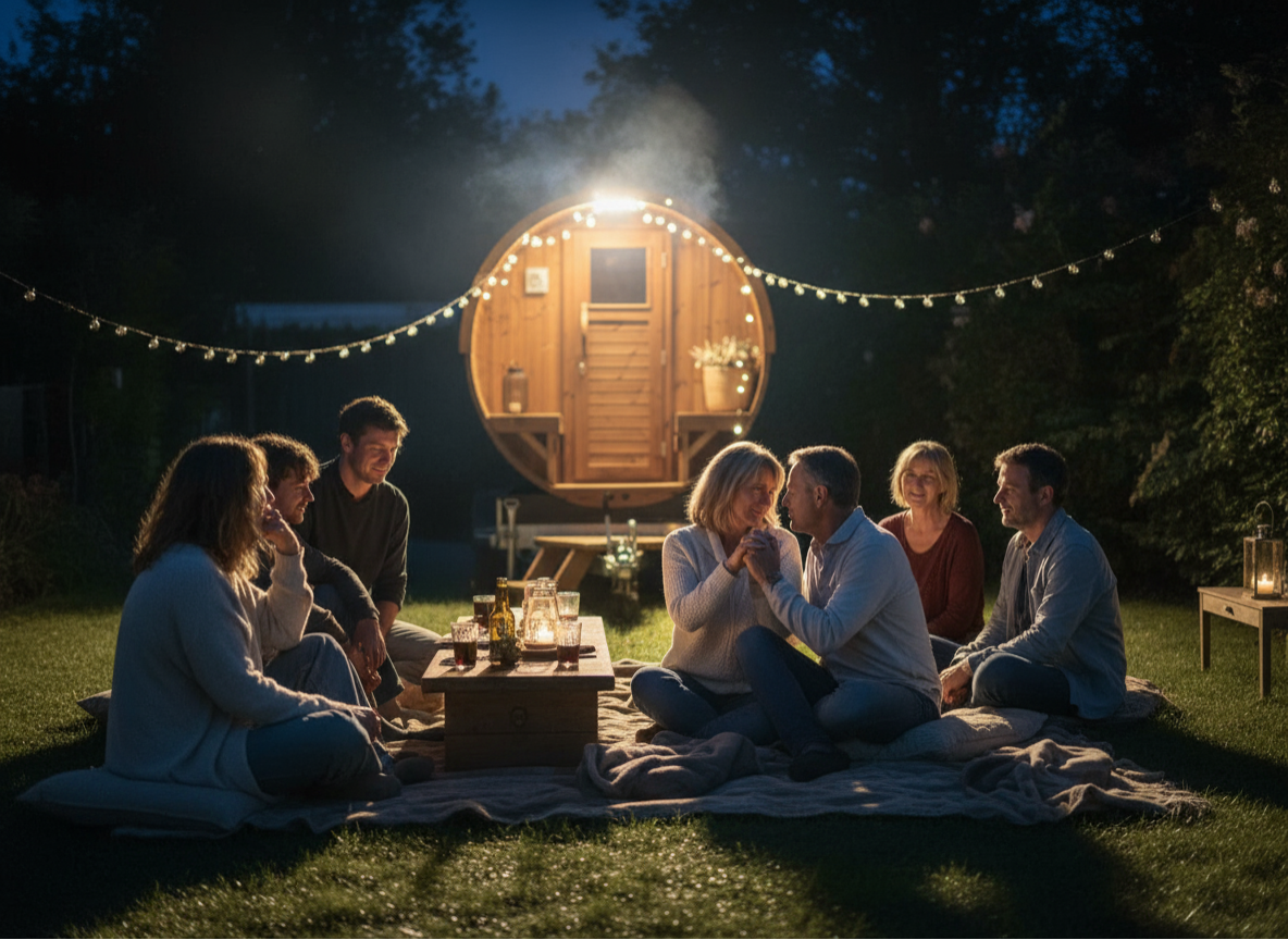 Soirée anniversaire dans un jardin avec feu de camp et sauna mobile éclairé, location événement privé Finistère