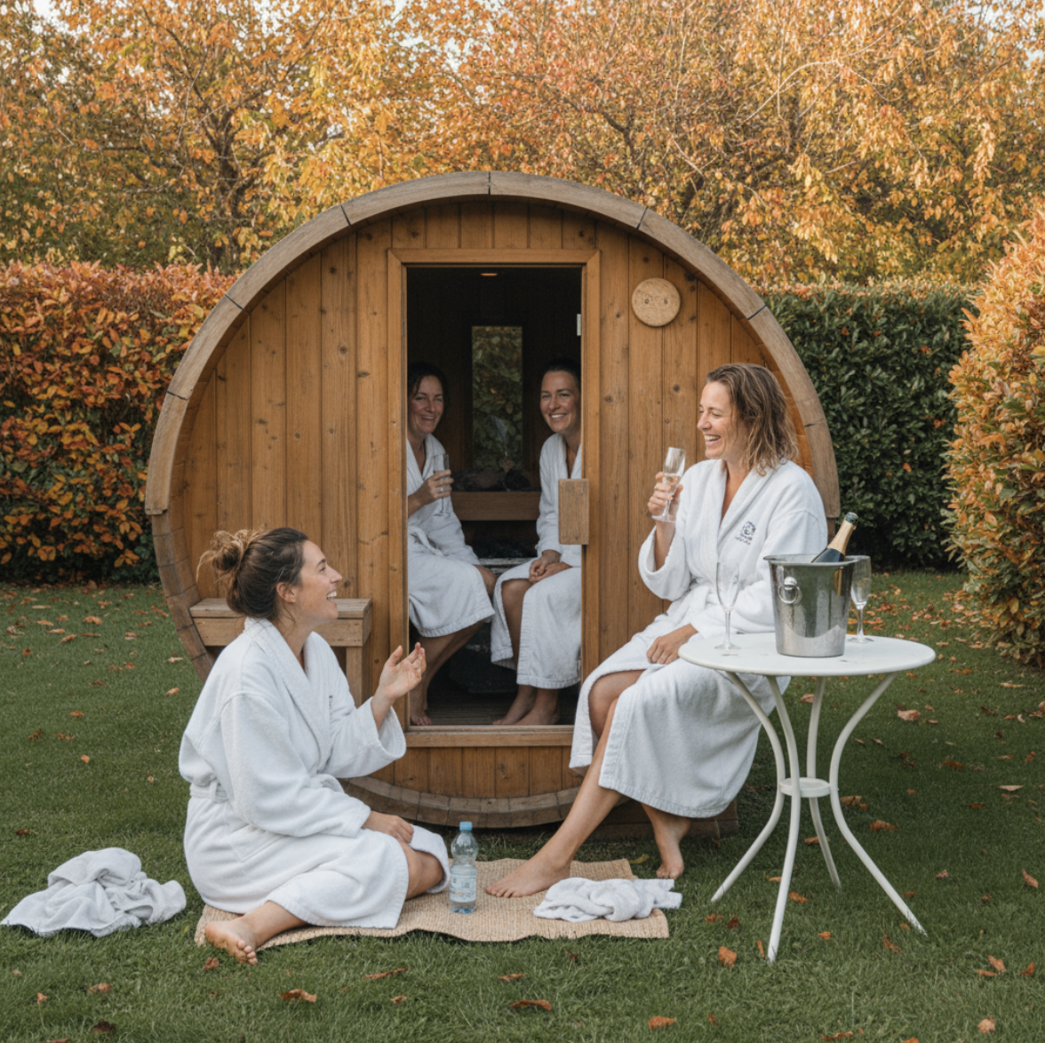 Groupe de femmes en peignoirs célébrant un EVJF avec location sauna mobile privatisé et champagne