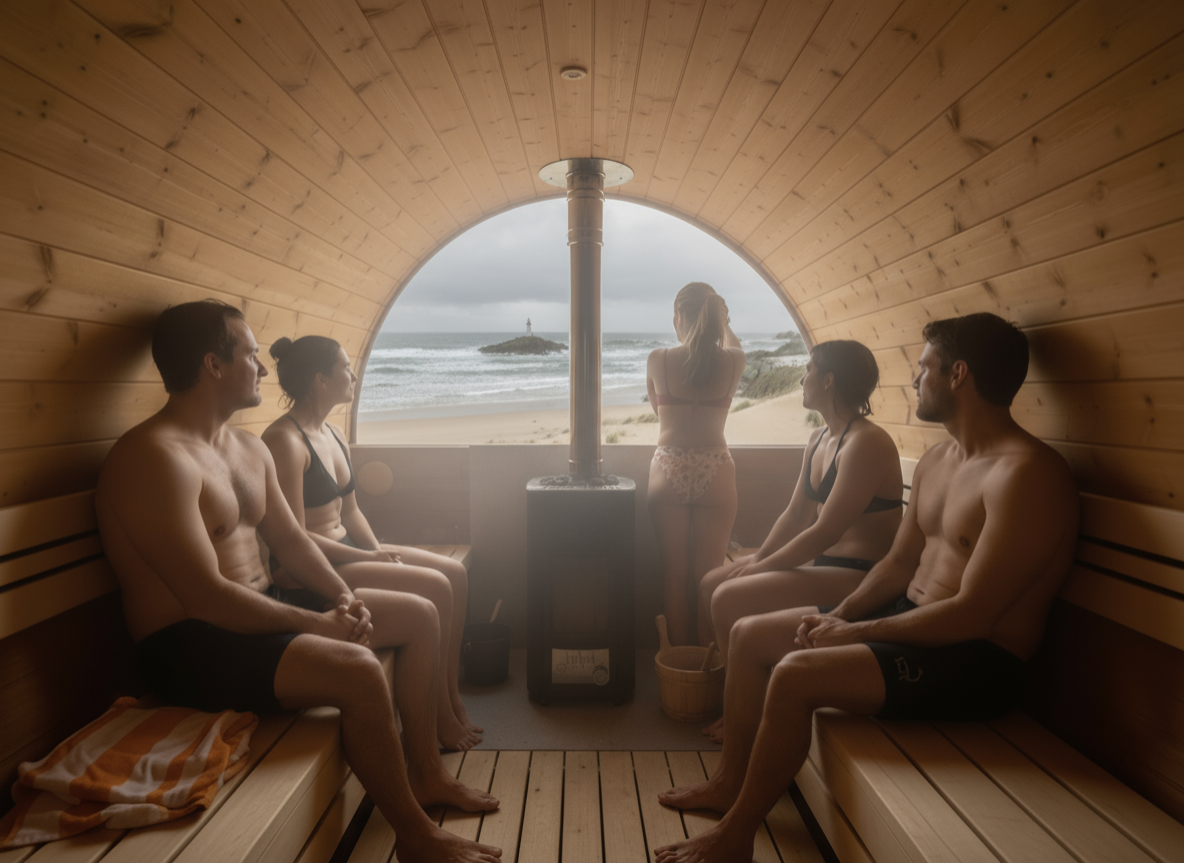 Intérieur du sauna mobile avec groupe contemplant la vue mer, session bien-être face à l'océan Finistère