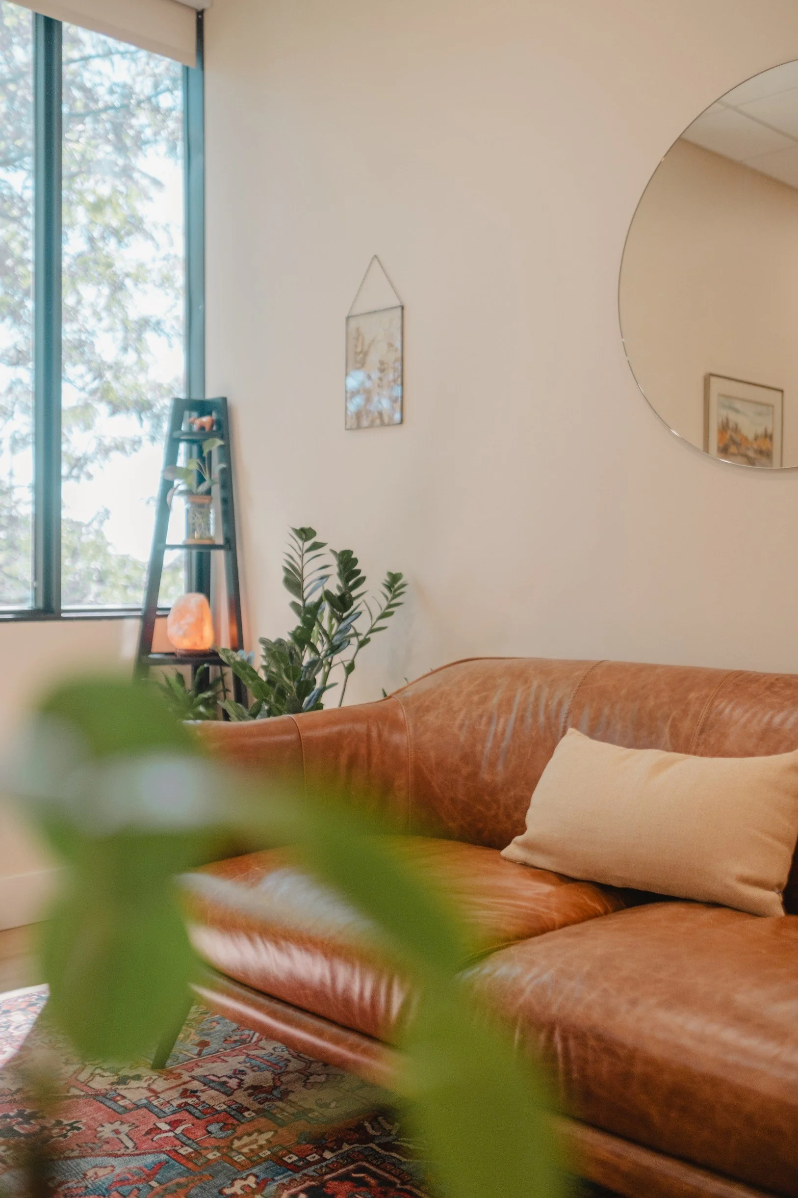 Living room with brown leather sofa, beige pillow, potted plant, window, and decorative wall mirror.