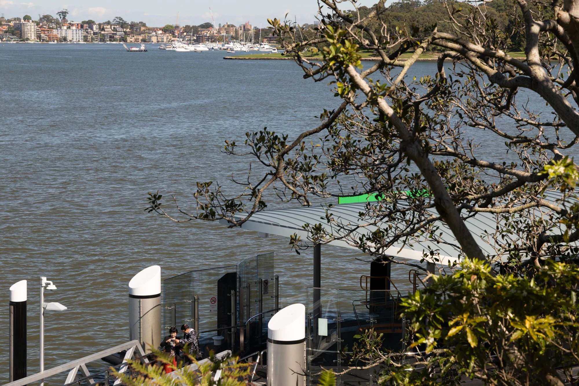 View of a harbor with boats and sailboats, a dock with two people, and a tree partially obscuring the foreground. In the background, there are buildings and a shoreline.