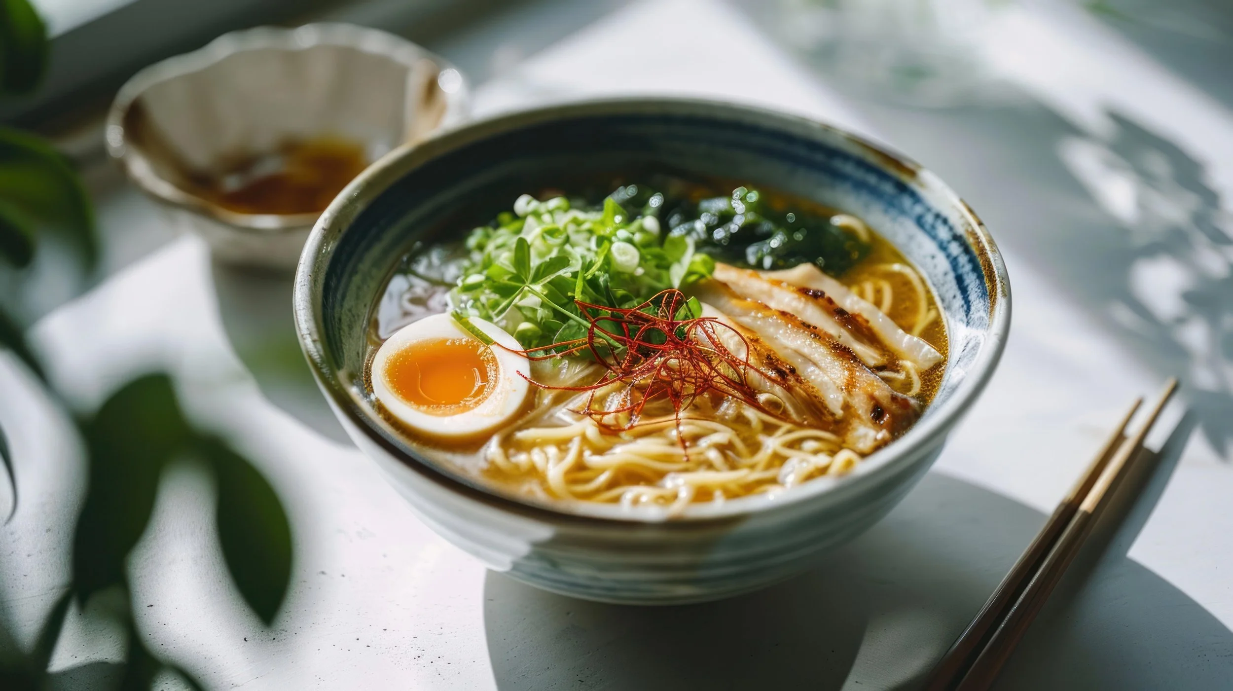 Bowl of ramen with sliced pork, soft-boiled egg, green onions, and red chili threads on a white surface with chopsticks.