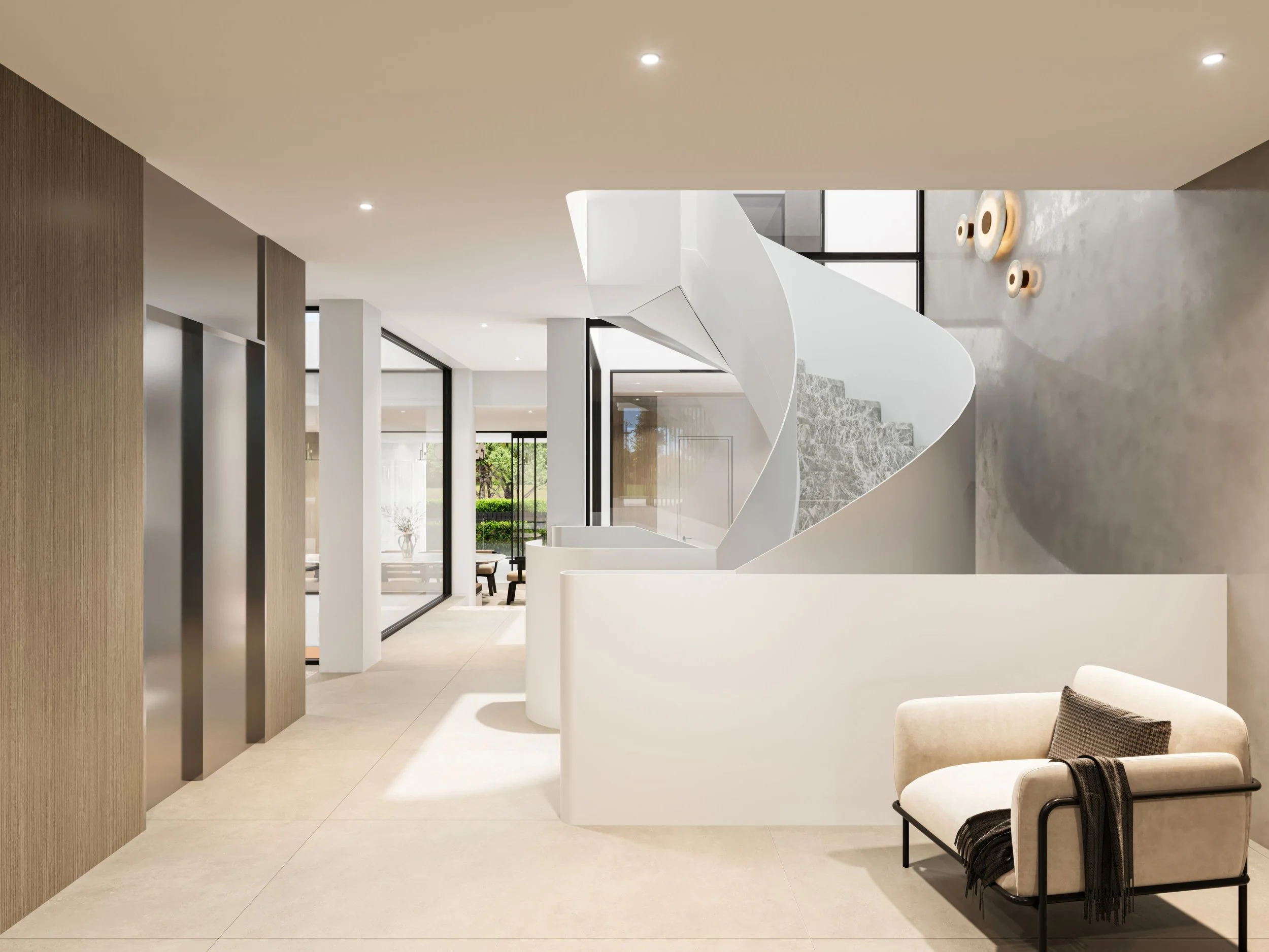 Modern interior with a staircase, elevator doors, a beige armchair with a cushion and blanket, and decorative vases on the floor.