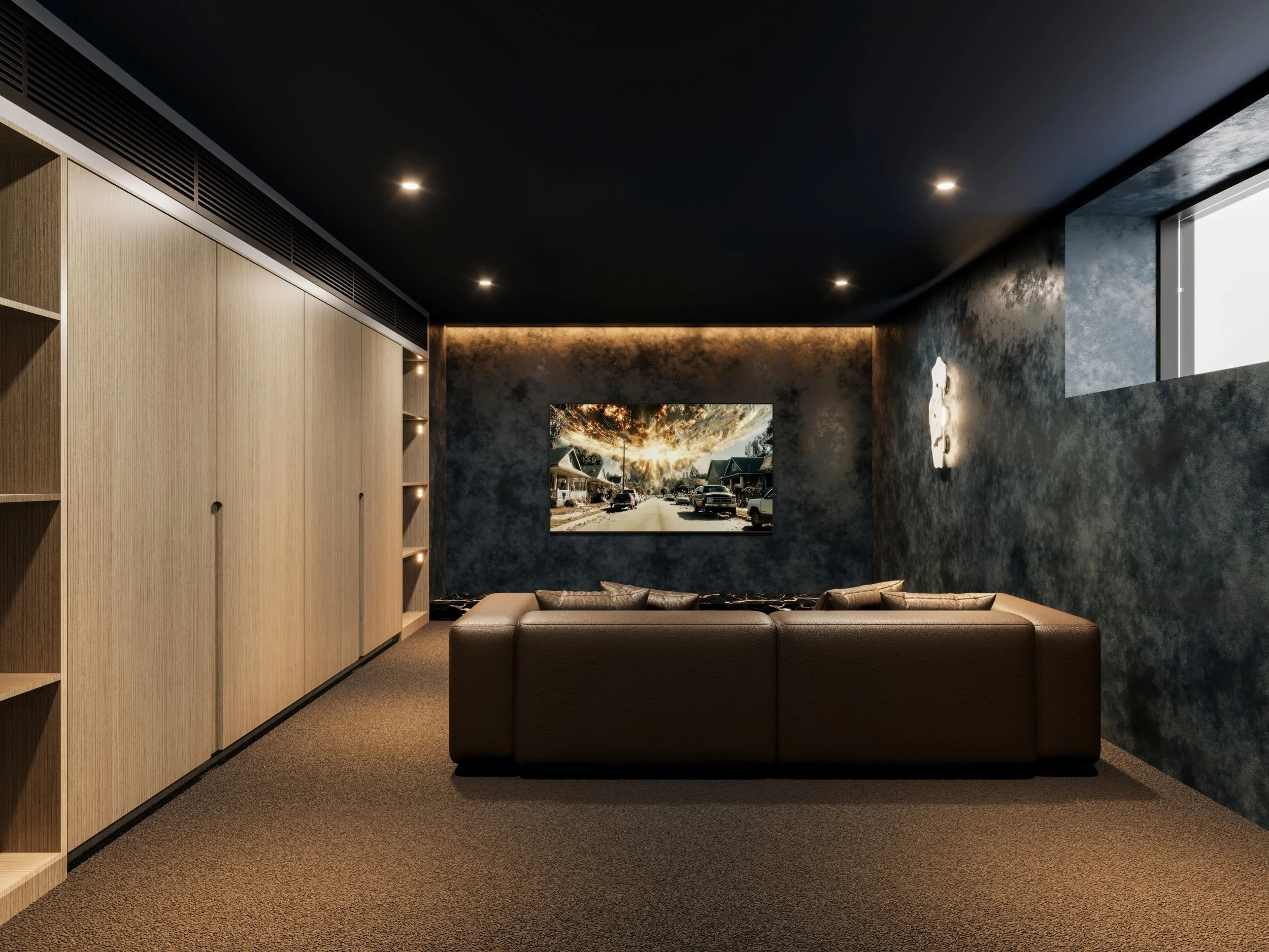 Modern living room with a large leather sofa, textured dark walls, a window with natural light, and a large framed photograph of a street scene with a sunset sky.