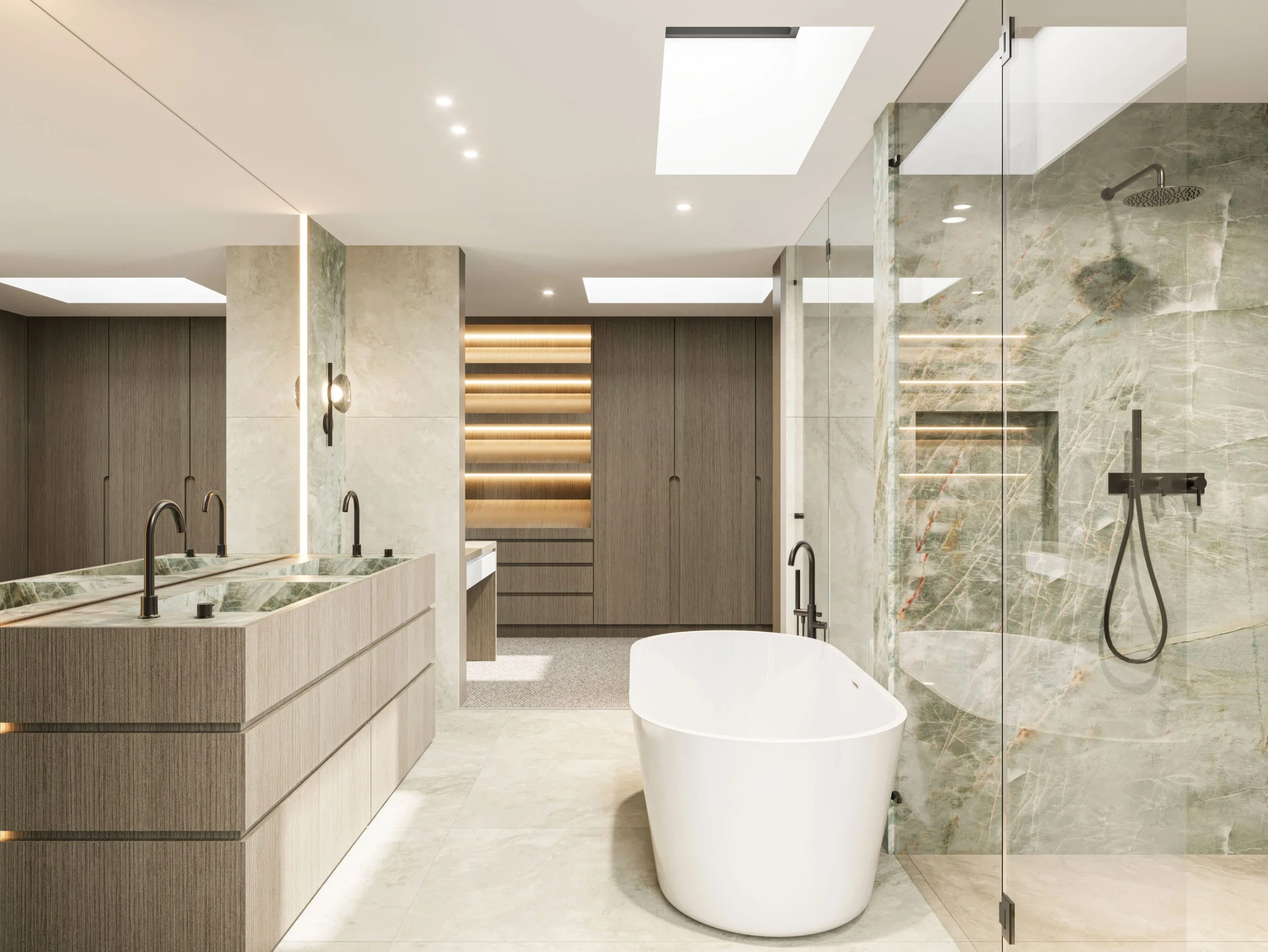 Modern bathroom with freestanding bathtub, glass-enclosed shower, double sink vanity, natural stone and wood accents, skylights, and sleek lighting.