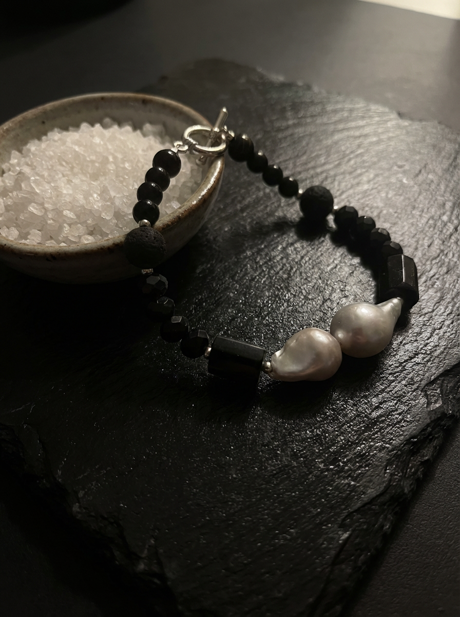 Twin baroque pearl bracelet with obsidian and lava gemstones