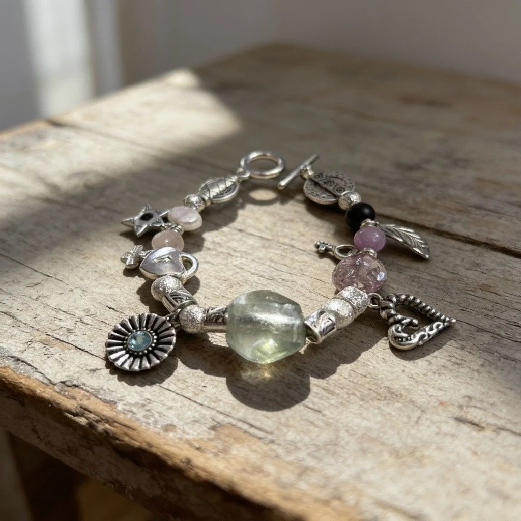 Retro Chunky Silver Charm Bracelet with Gemstones