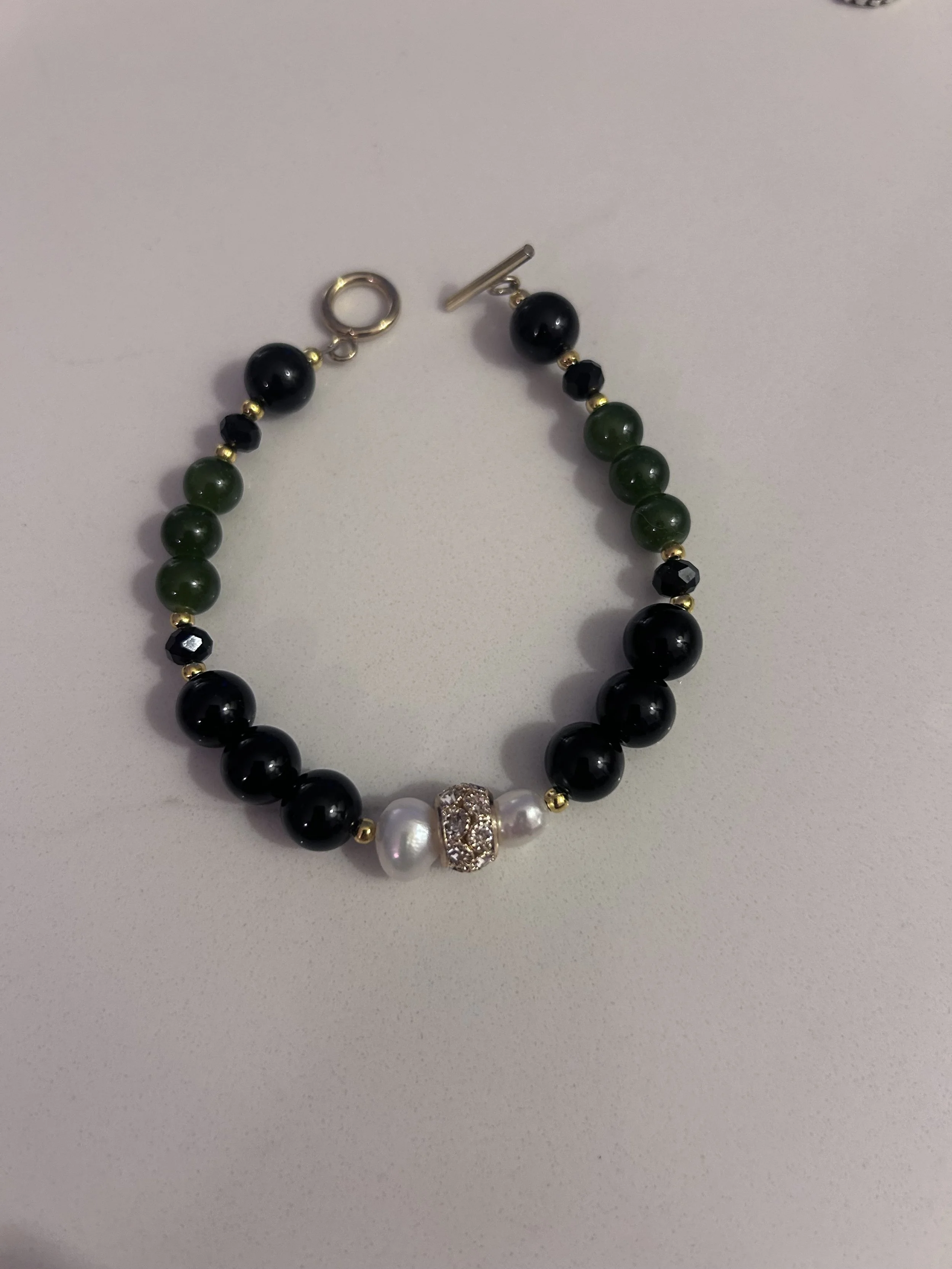 Classic Peridot, Obsidian and Pearl Bracelet