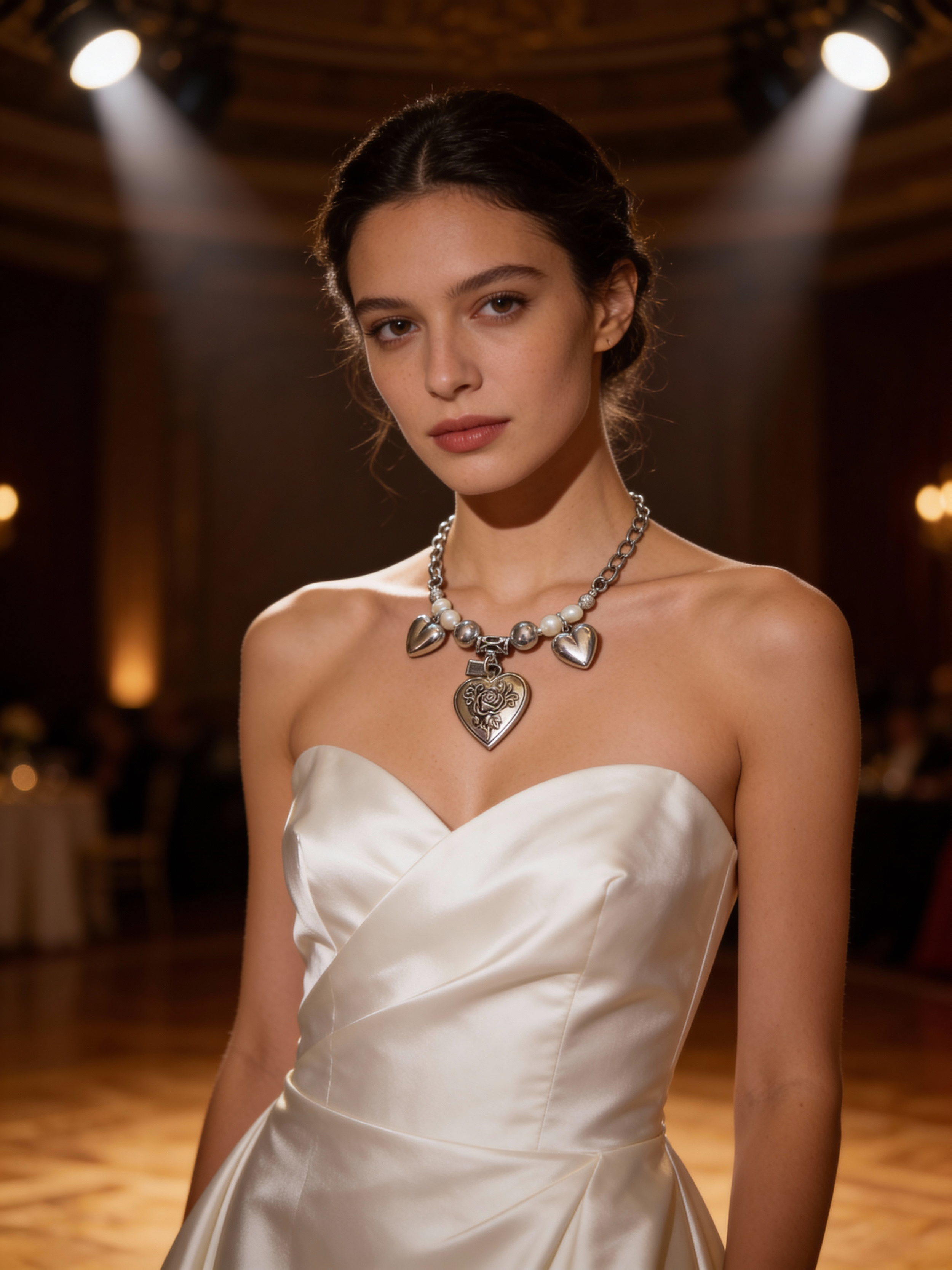 A young woman in a strapless white satin dress stands in a ballroom with warm lighting, wearing a silver necklace with heart-shaped and pearl embellishments.