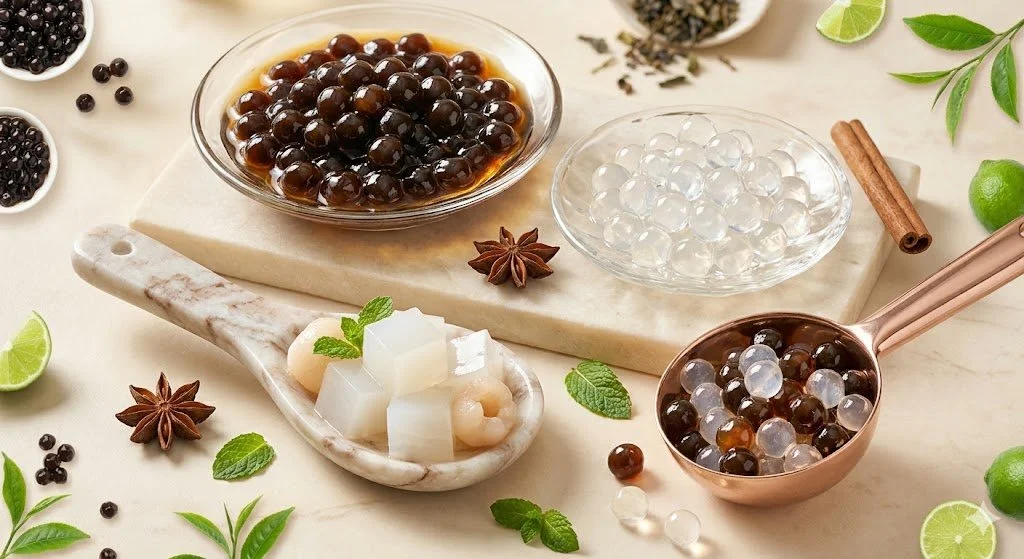 A high-quality, vibrant aesthetic showcase of Sharetea boba toppings featuring glistening black pearls, translucent crystal boba, and fresh lychee jelly in crystal glass bowls and marble spoons.