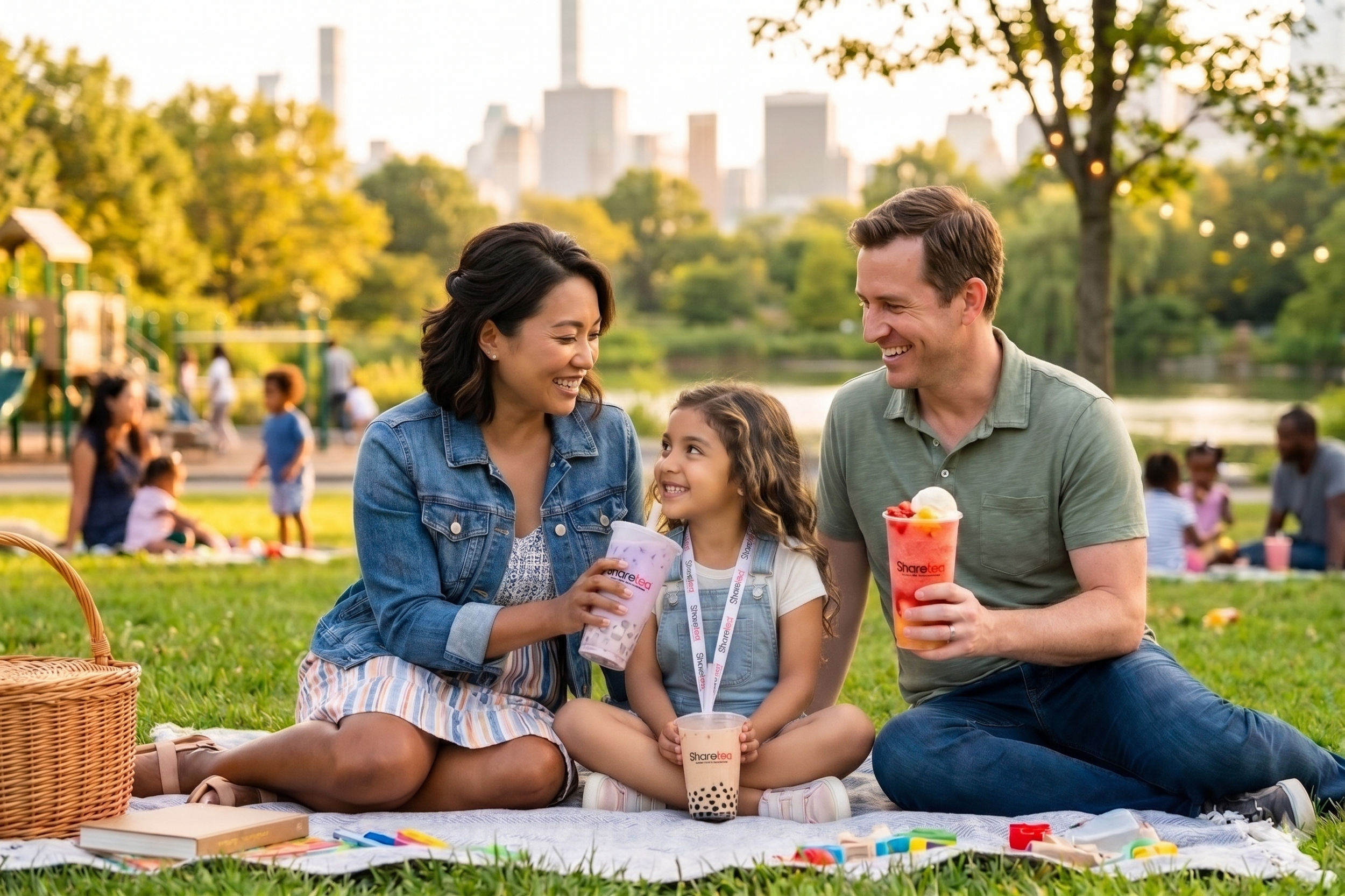 Happy family enjoying caffeine-free boba tea from Sharetea USA at a park, featuring kid-friendly Taro Milk and fruit smoothies for a safe treat.