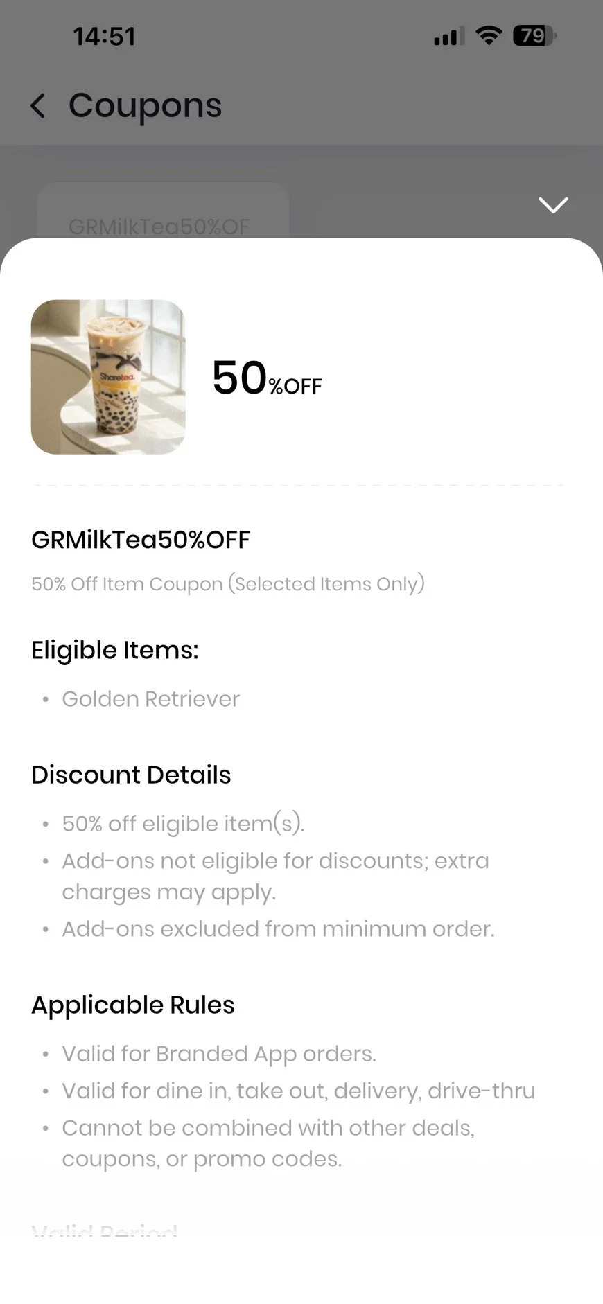 Sharetea 50% OFF Golden Retriever Milk Tea voucher