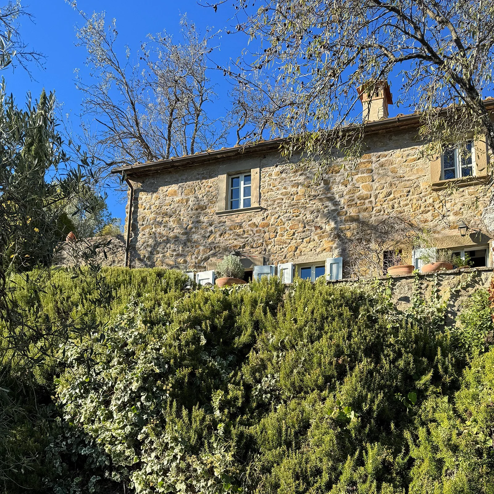 Stone house with small windows and open shutters, surrounded by lush green bushes and trees with a clear blue sky in the background.