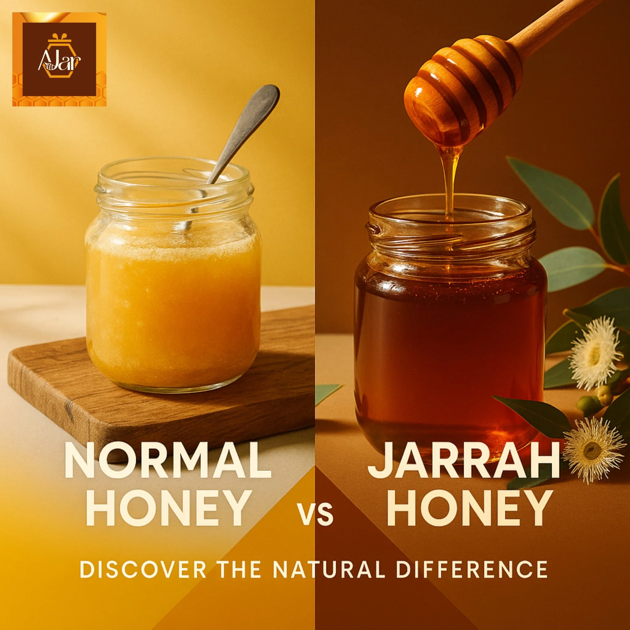 Comparison of two jars of honey labeled 'Normal Honey' on the left and 'Jarah Honey' on the right, with text 'Discover the natural difference'.