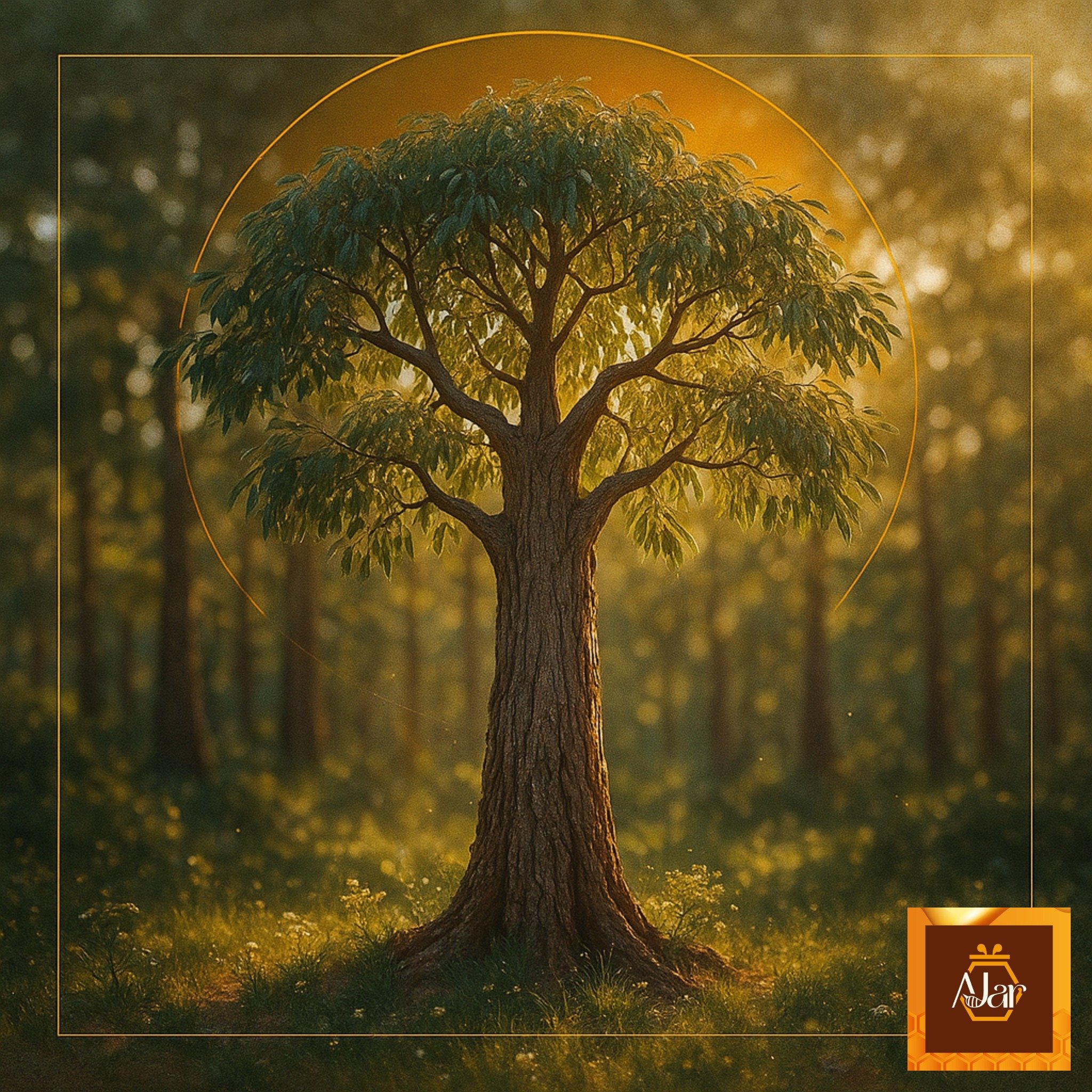 Tree with lush green leaves in a forest or park during golden hour, backlit by the sun.