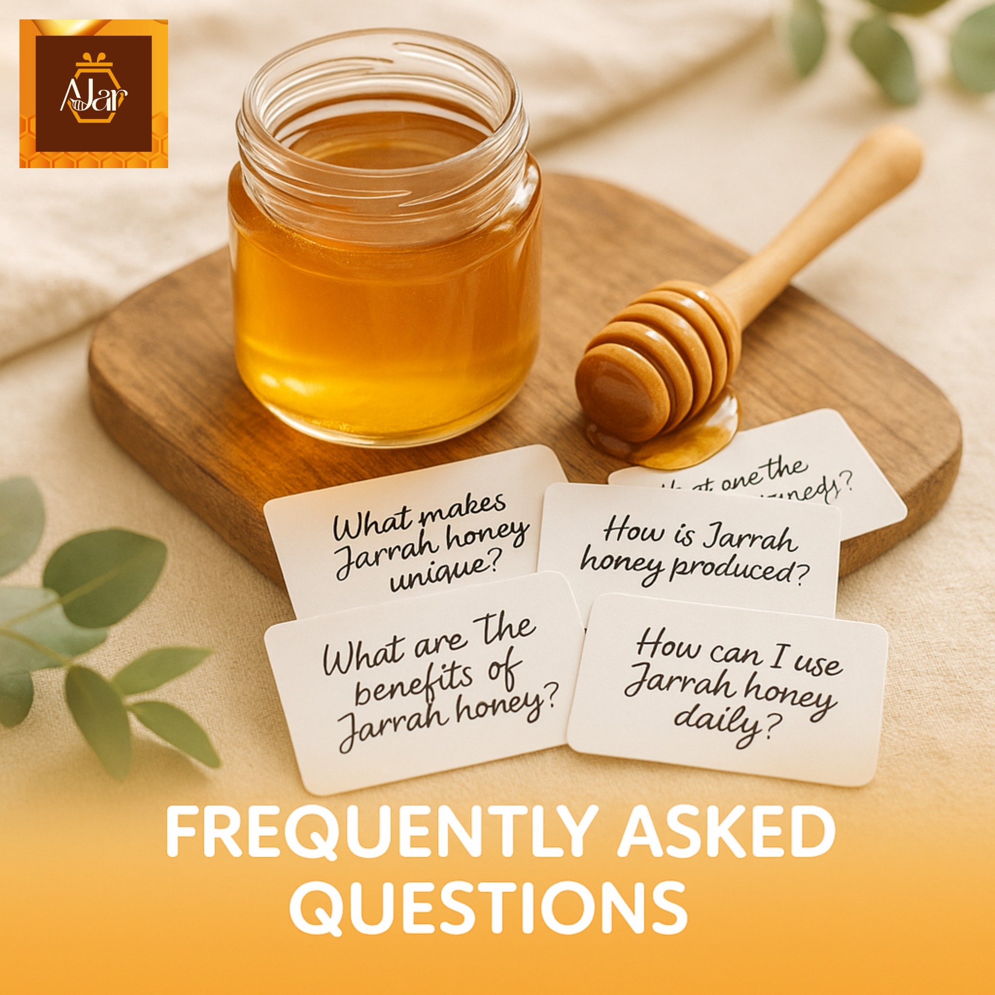 A jar of honey and a honey dipper on a wooden board surrounded by printed question cards about jarrah honey, with the text 'FREQUENTLY ASKED QUESTIONS' at the bottom.