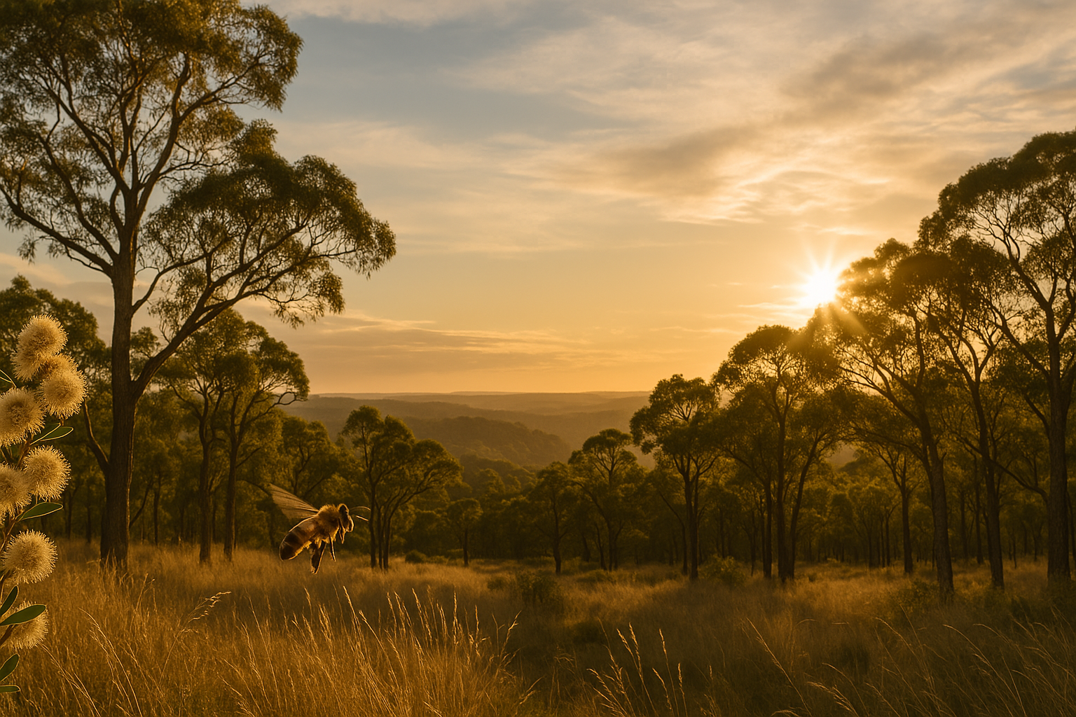 Sunset over a forest clearing with tall trees, golden grass, and a bee in mid-flight.