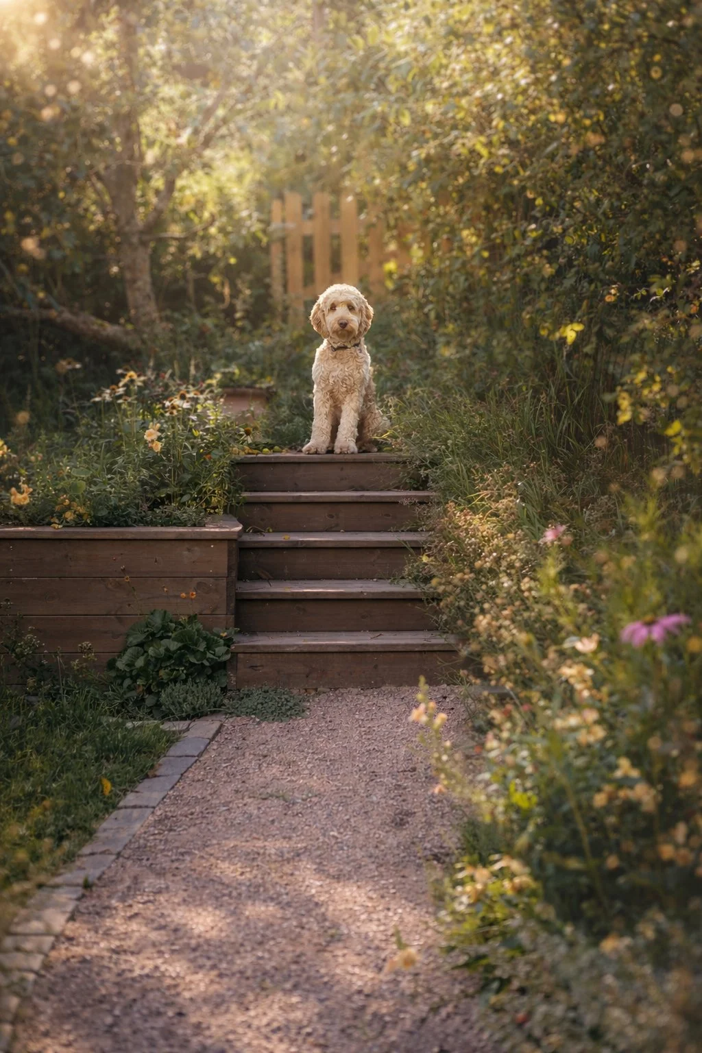En hund som sitter på en tretrapp i en hage, omgitt av frodig grøntområde og blomstrende blomster, med sollys som filtrerer gjennom trærne.