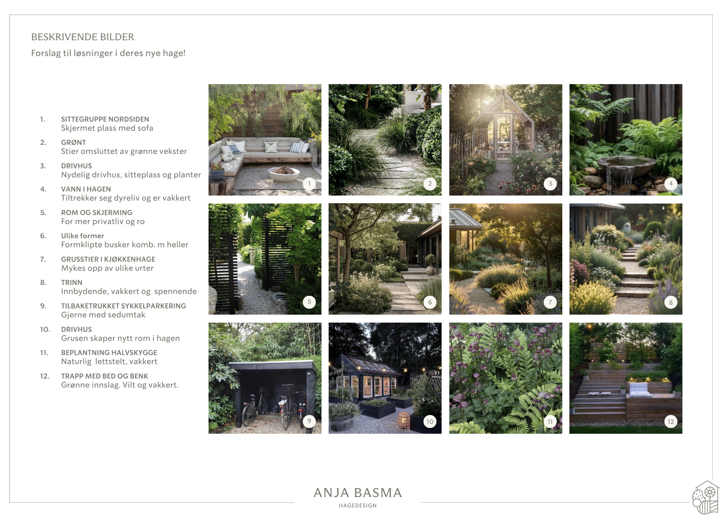 Beskrivende bilder av hagedesignplan.