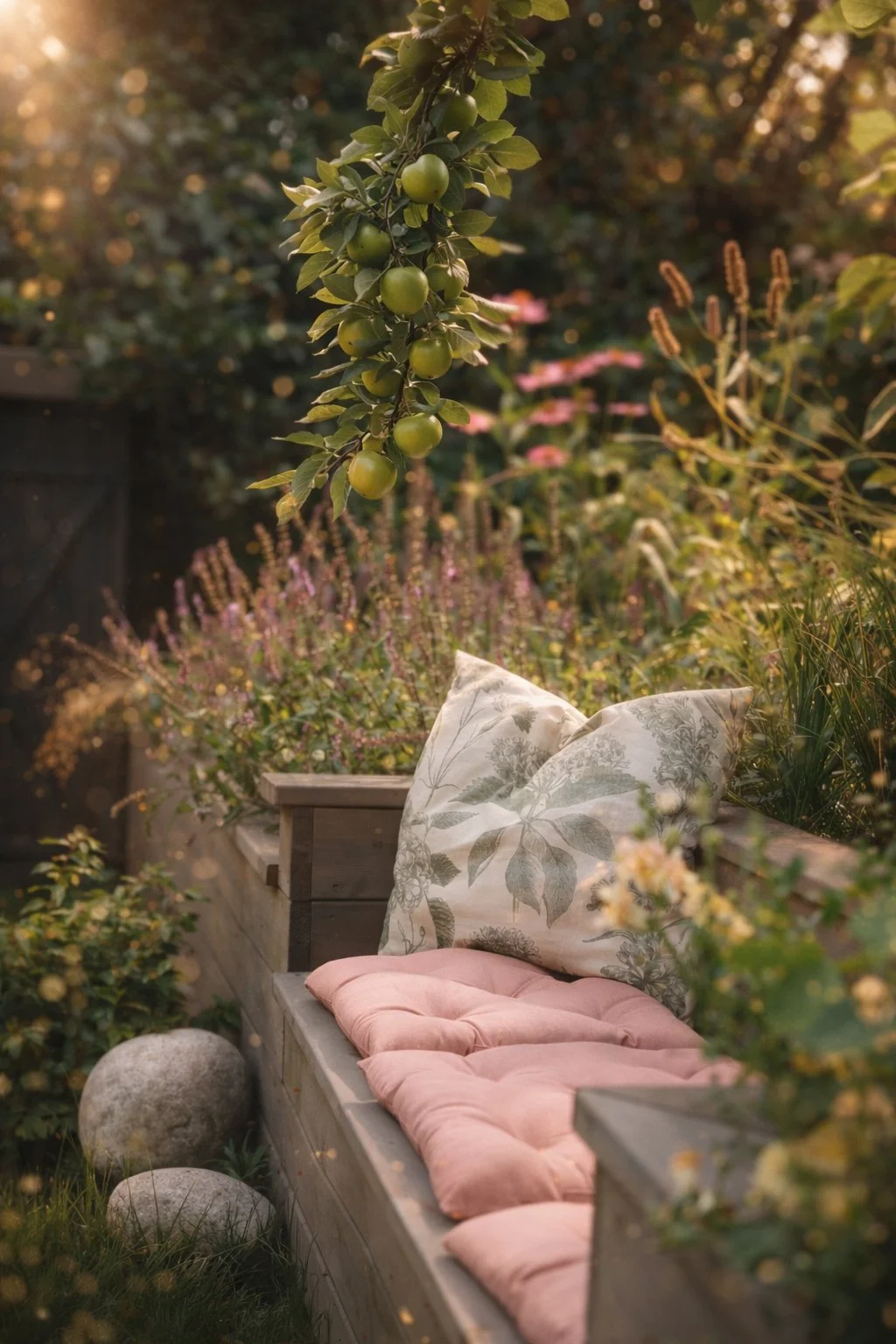 En fredelig hagescene med en utendørs trebenk utstyrt med en rosa pute og blomsterputer, omgitt av forskjellige planter og blomster, med en løvrik gren med grønne epler hengende over hodet, alt soler seg i varmt sollys.