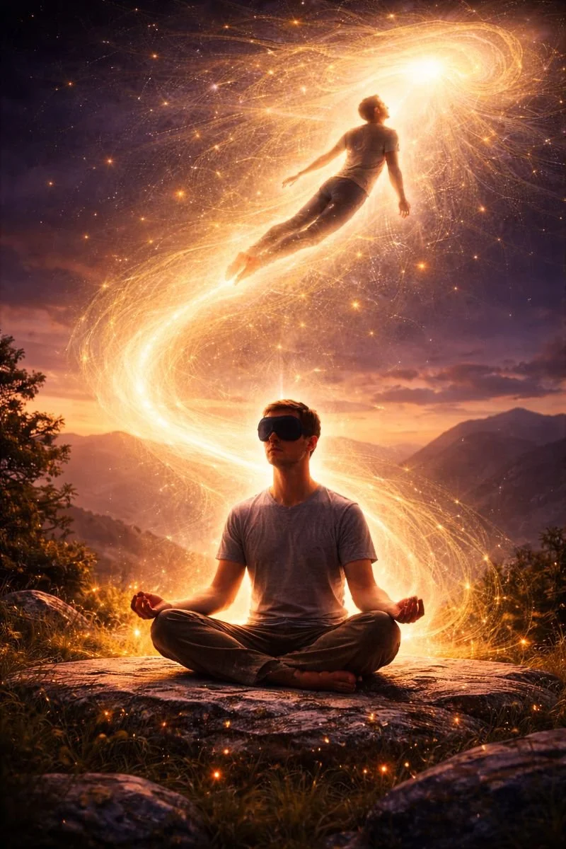 A person sitting meditatively on a rock outdoors at sunset, wearing a virtual reality headset, with a cosmic scene of a person floating in space surrounded by golden light and sparkles above.