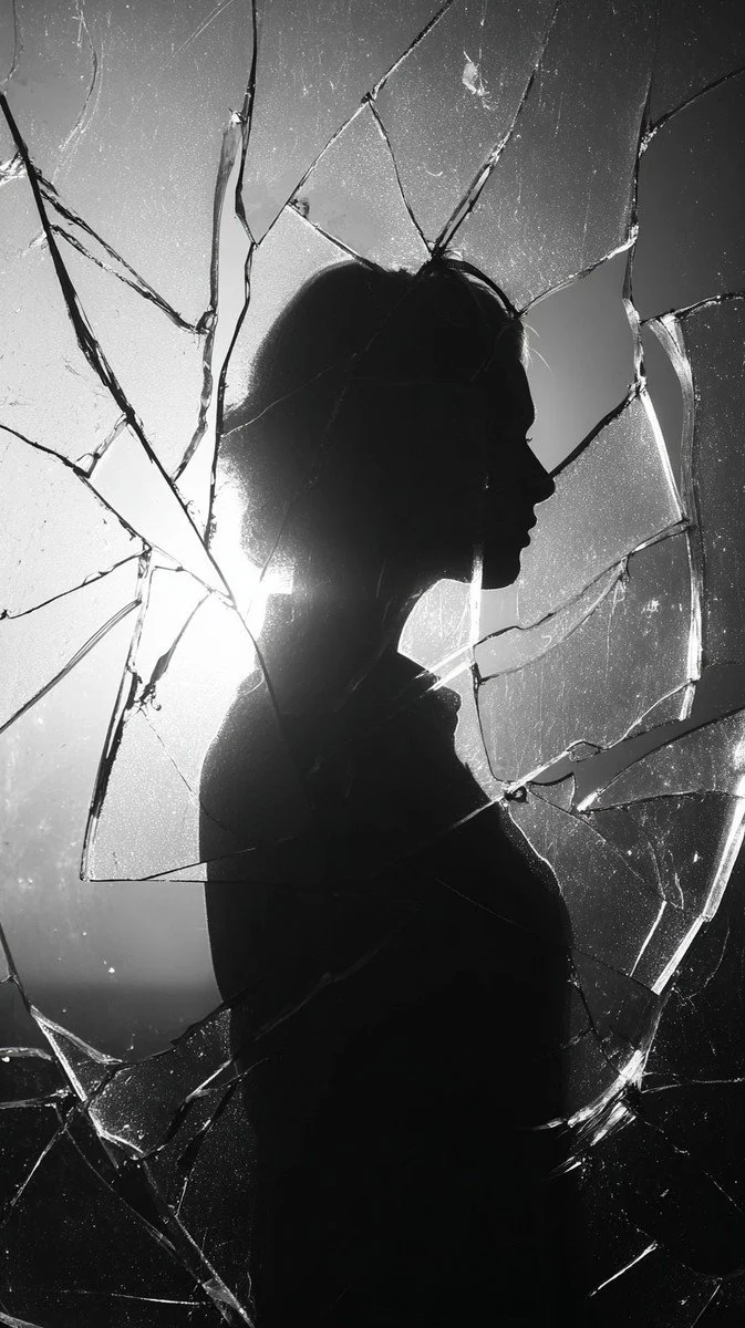 Silhouette of a woman’s profile behind a broken mirror, with cracks radiating across the glass.
