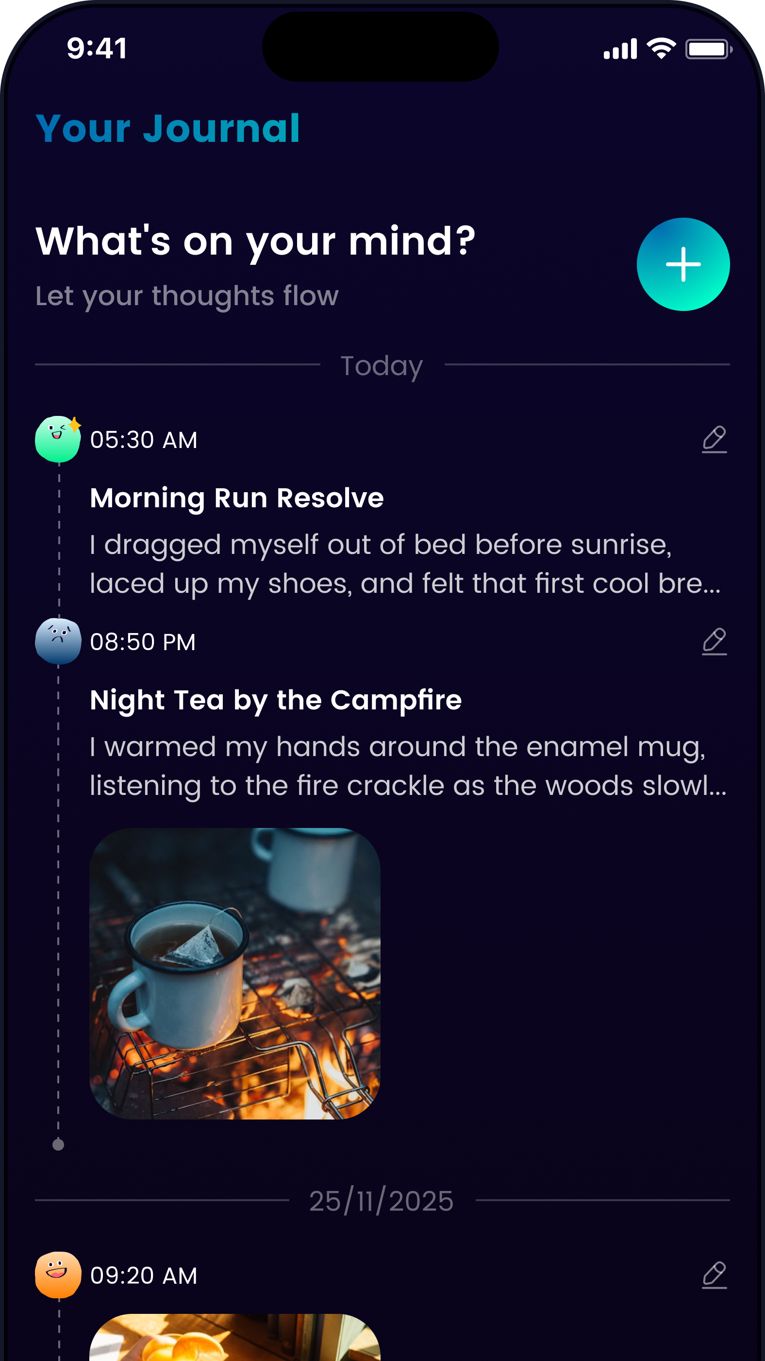 A smartphone screen showing a mindfulness journaling app titled 'Your Journal' with a prompt 'What's on your mind?' and entries for morning run, night tea, and breakfast with timestamps and a photo of a mug on a campfire grill.